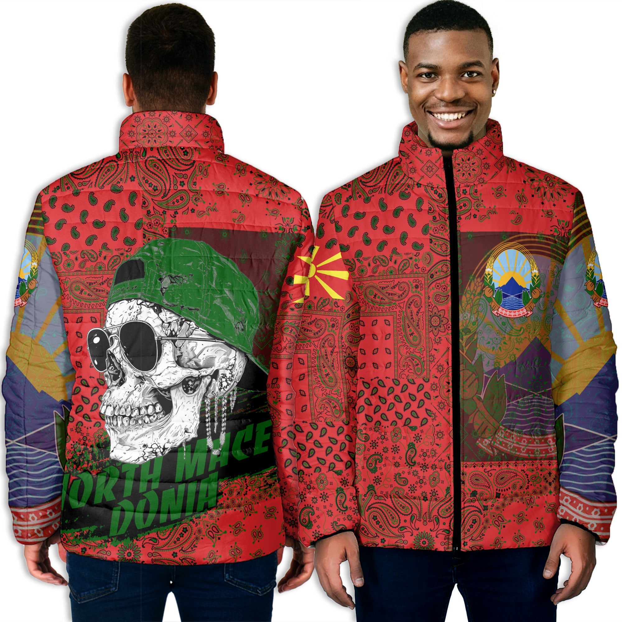 North Macedonia Men Padded Jacket Paisley Flag And Skull Style 3