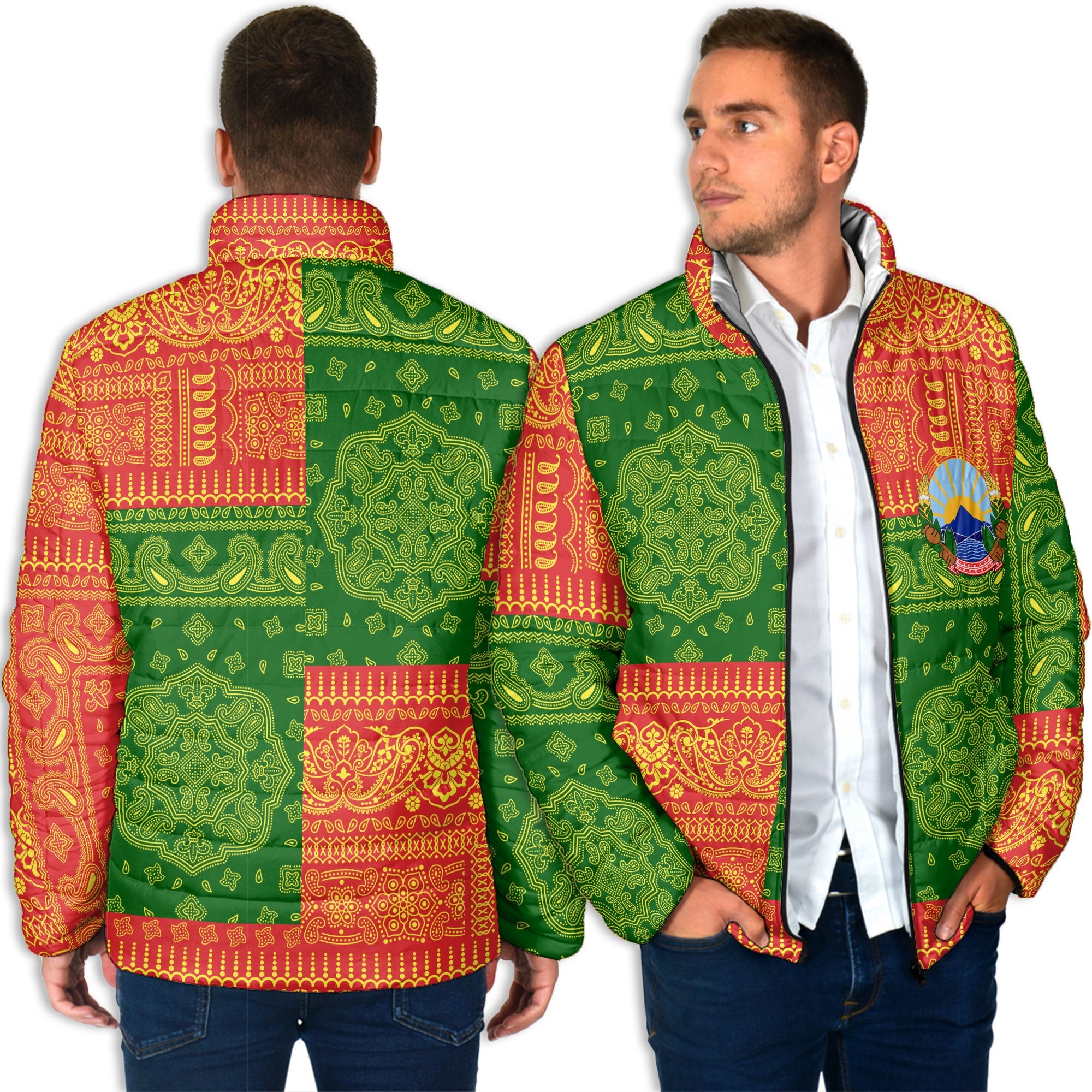 North Macedonia Men Padded Jacket Flag And Paisley Basic Style 4