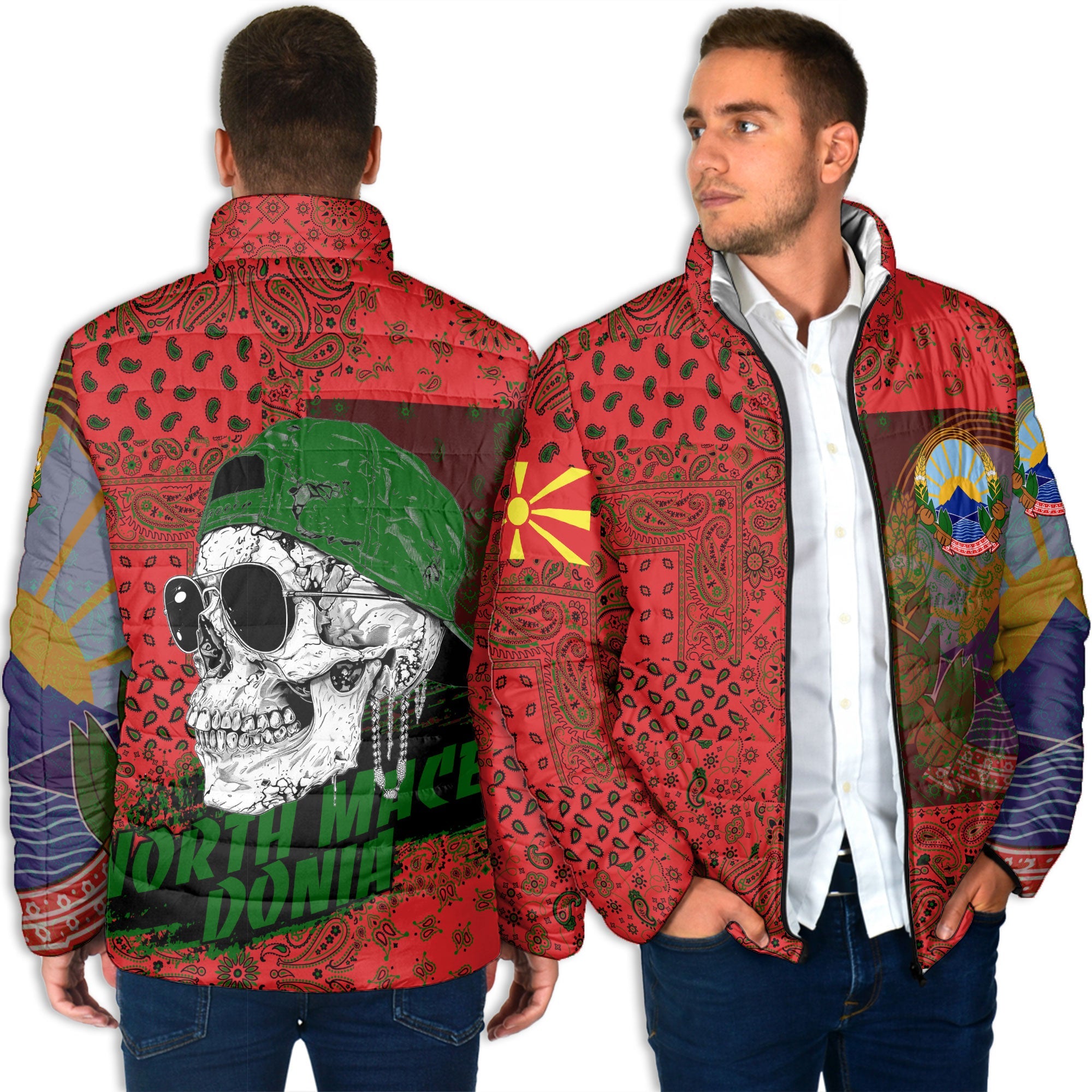 North Macedonia Men Padded Jacket Paisley Flag And Skull Style 4