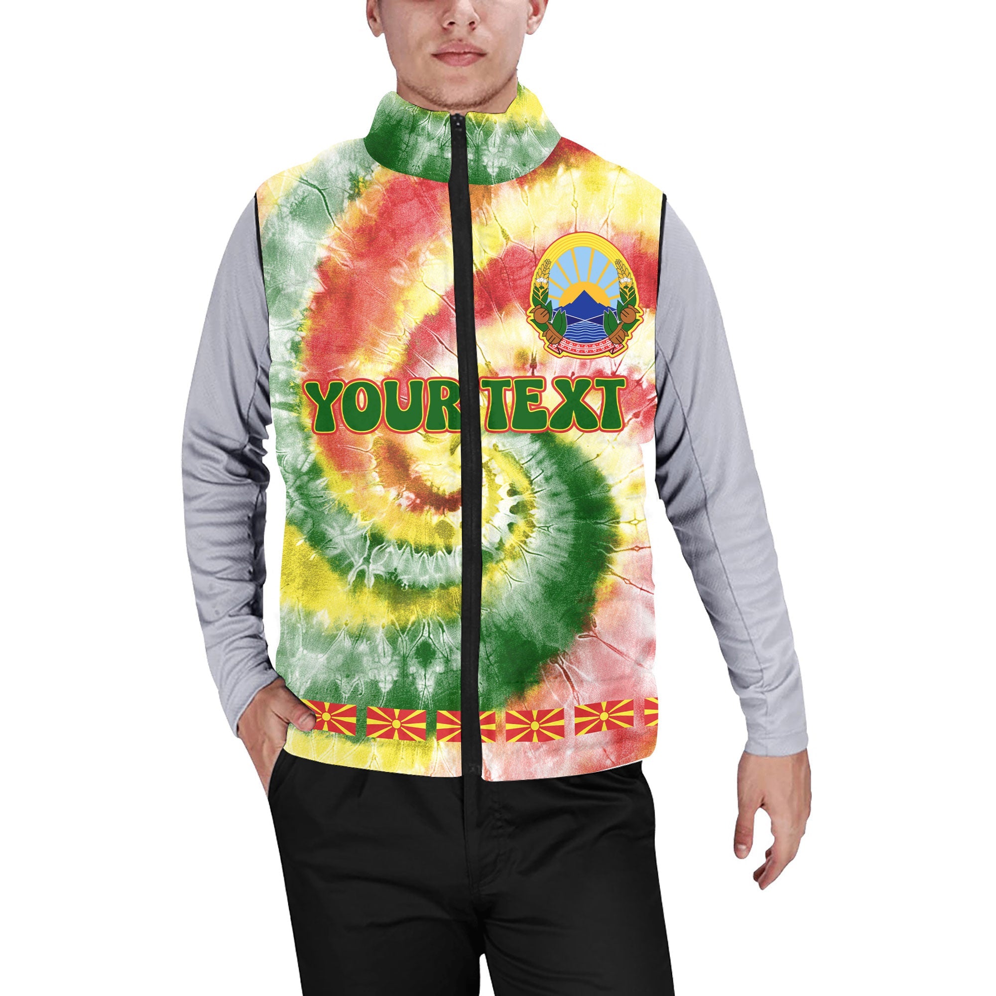 North Macedonia Men Padded Jacket Vest Custom Tie Dye Style 1