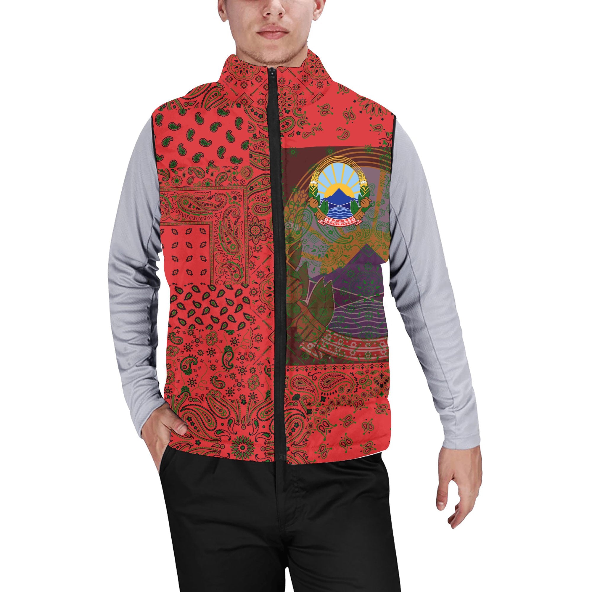 North Macedonia Men Padded Jacket Vest Paisley Flag And Skull Style 1