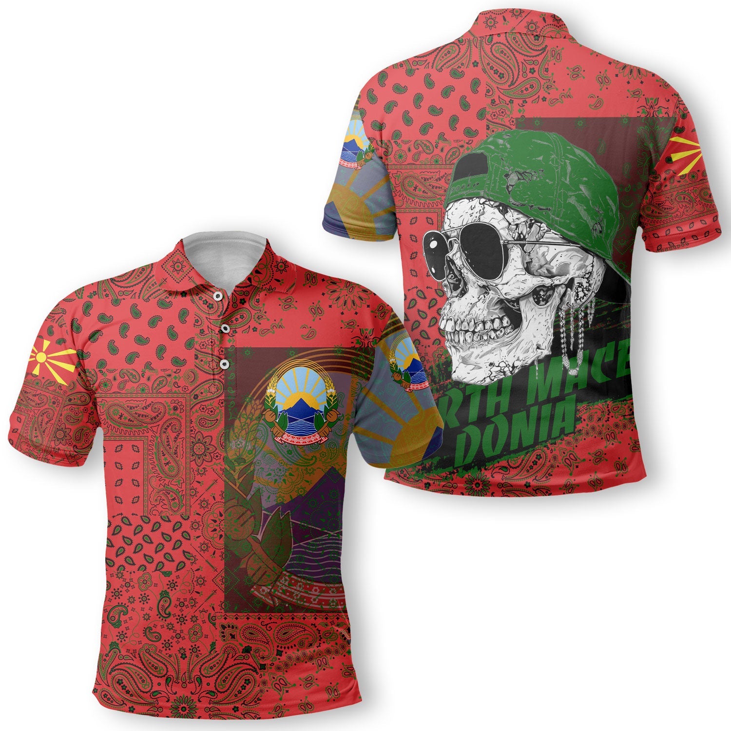 North Macedonia Polo Shirt Paisley Flag And Skull Style 1