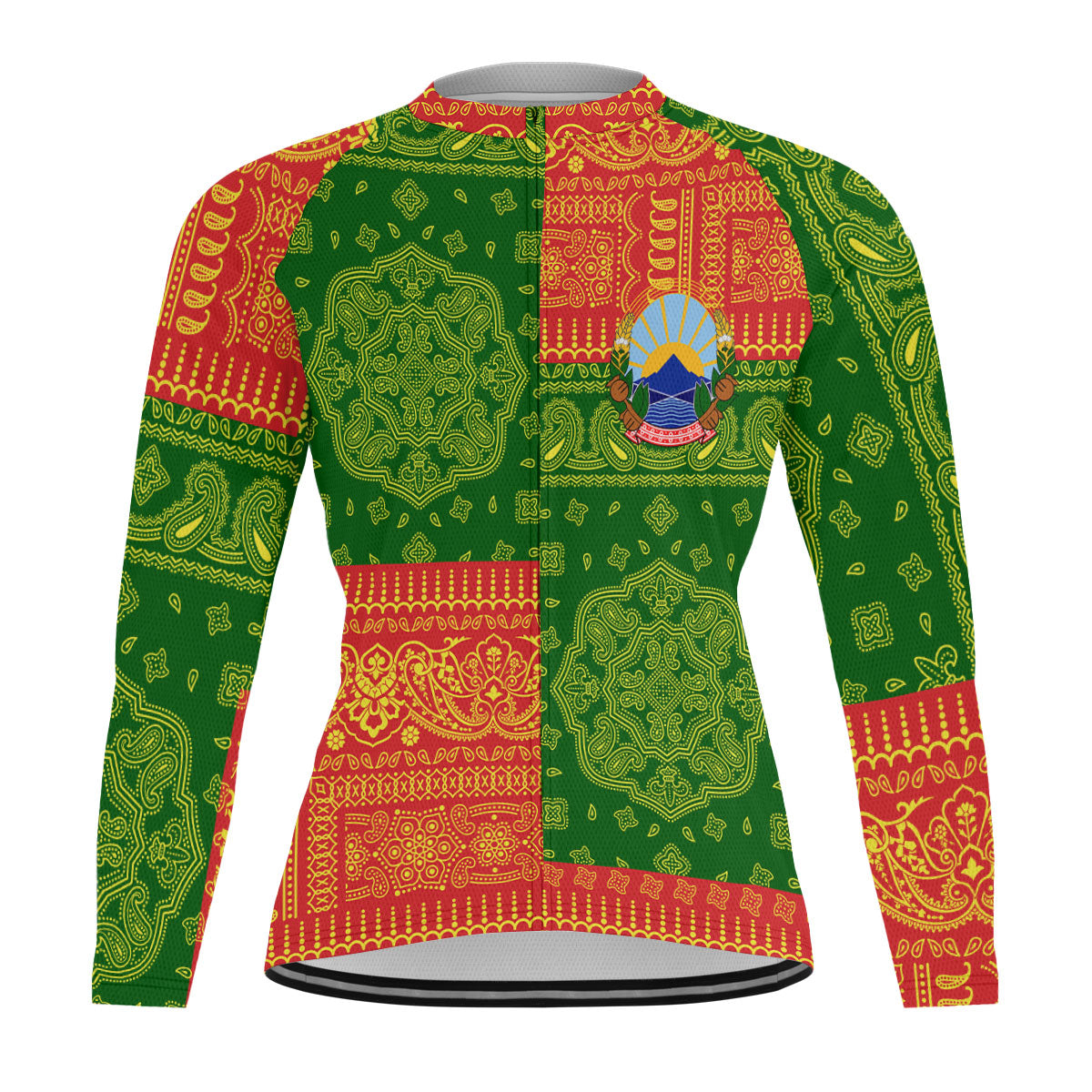 North Macedonia Raglan Men Cycling Jersey Long Sleeve Flag And Paisley Basic Style 1