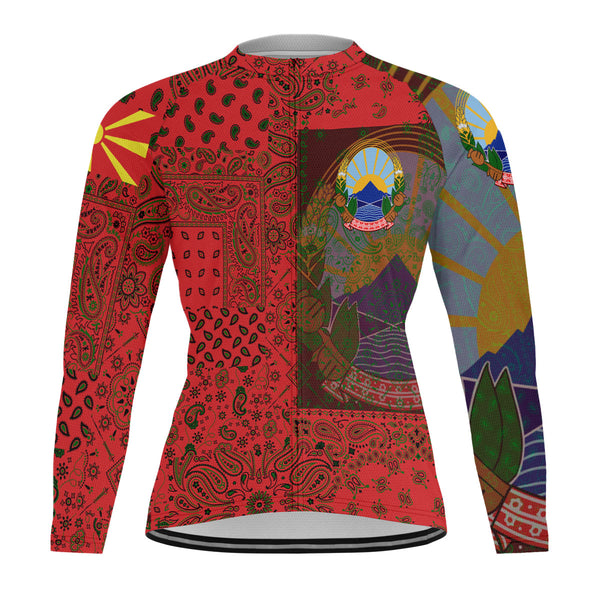 North Macedonia Raglan Men Cycling Jersey Long Sleeve Paisley Flag And Skull Style 1