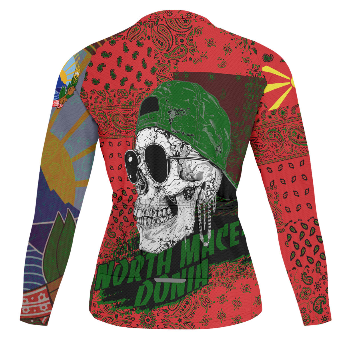 North Macedonia Raglan Men Cycling Jersey Long Sleeve Paisley Flag And Skull Style 2