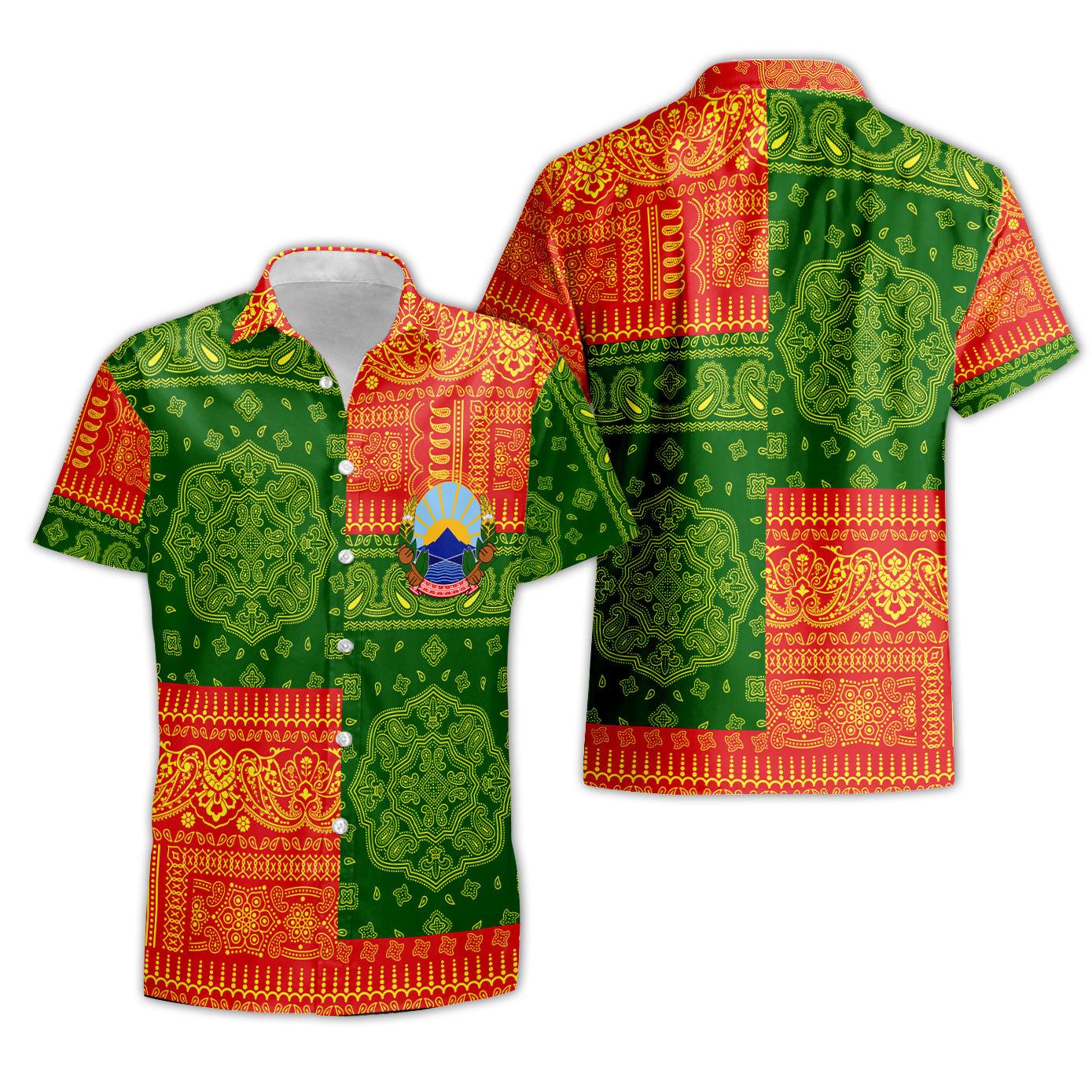 North Macedonia Short Sleeve Shirt Flag And Paisley Basic Style 1