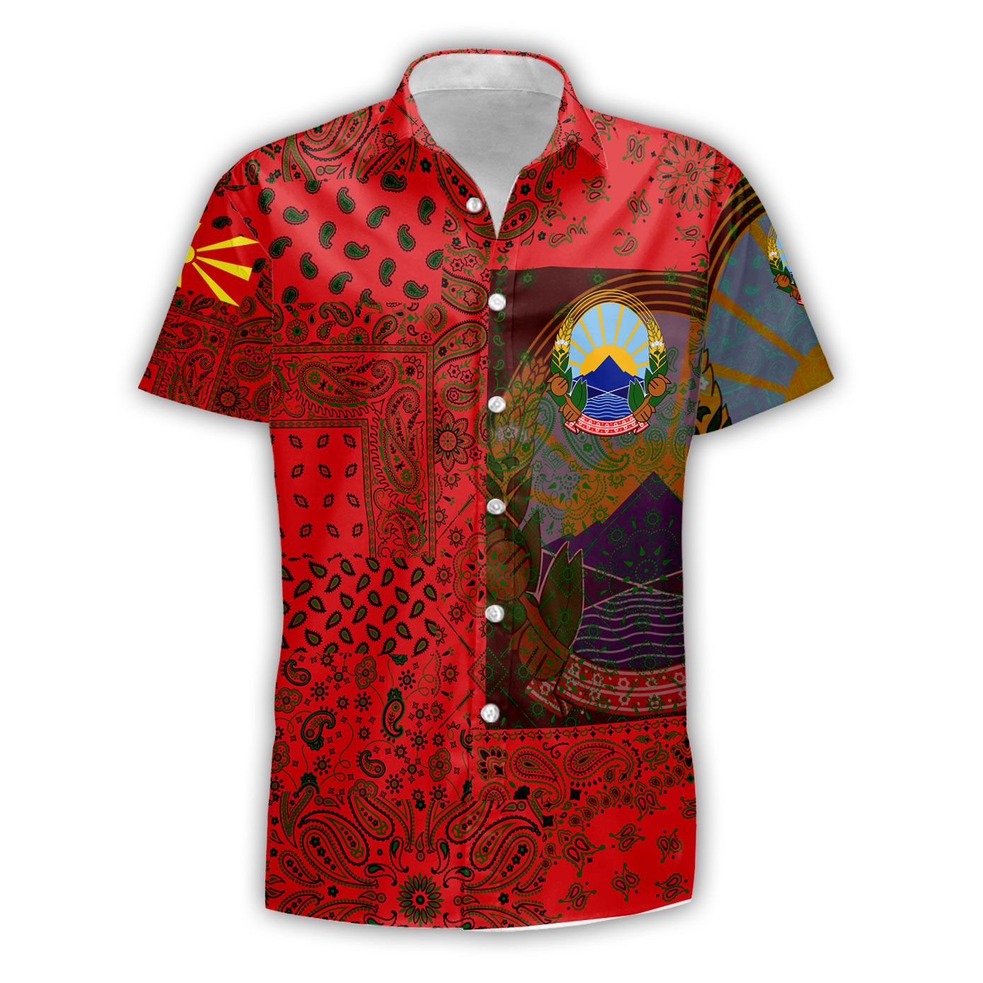 North Macedonia Short Sleeve Shirt Paisley Flag And Skull Style 1