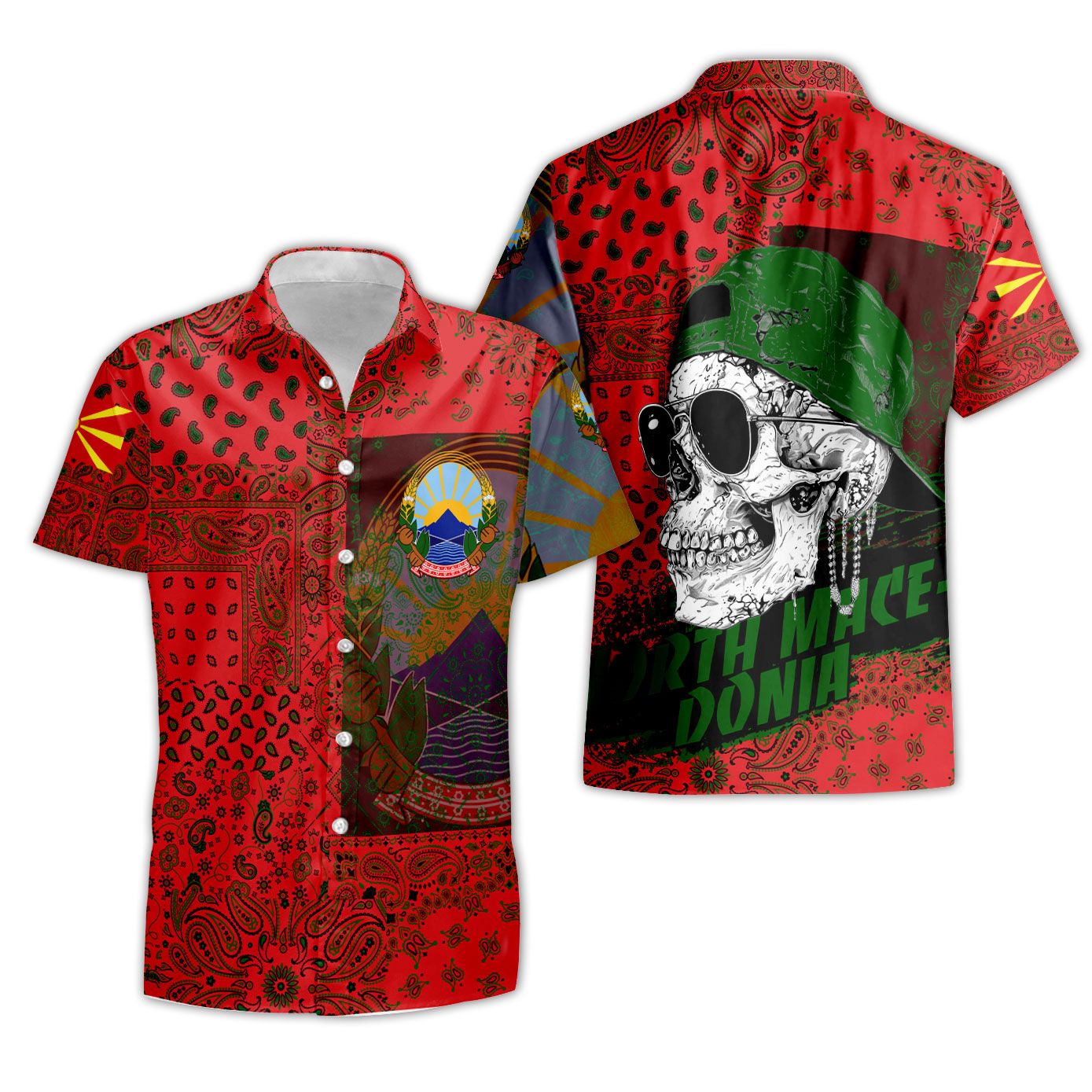 North Macedonia Short Sleeve Shirt Paisley Flag And Skull Style 3