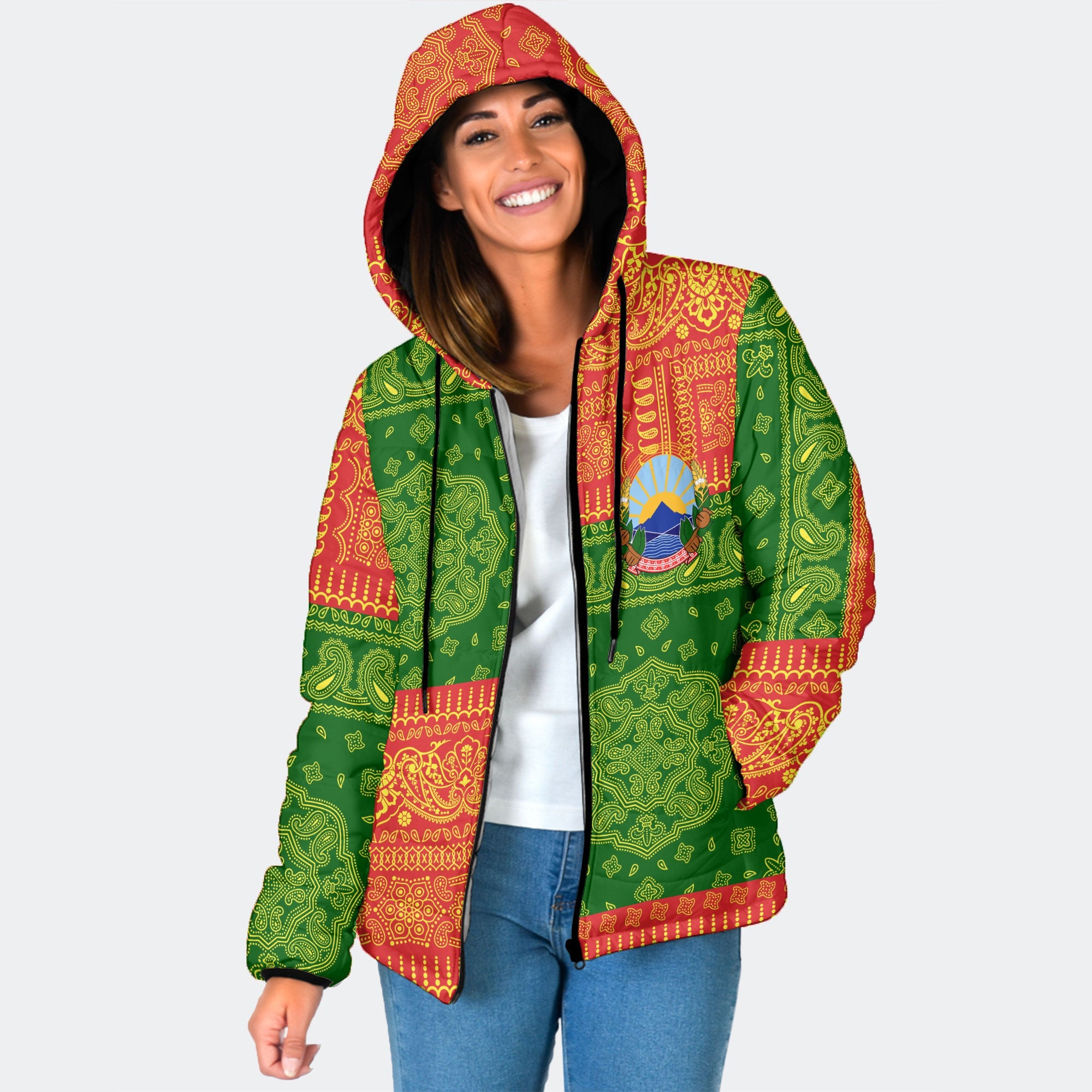 North Macedonia Women Hooded Padded Jacket Flag And Paisley Basic Style 1