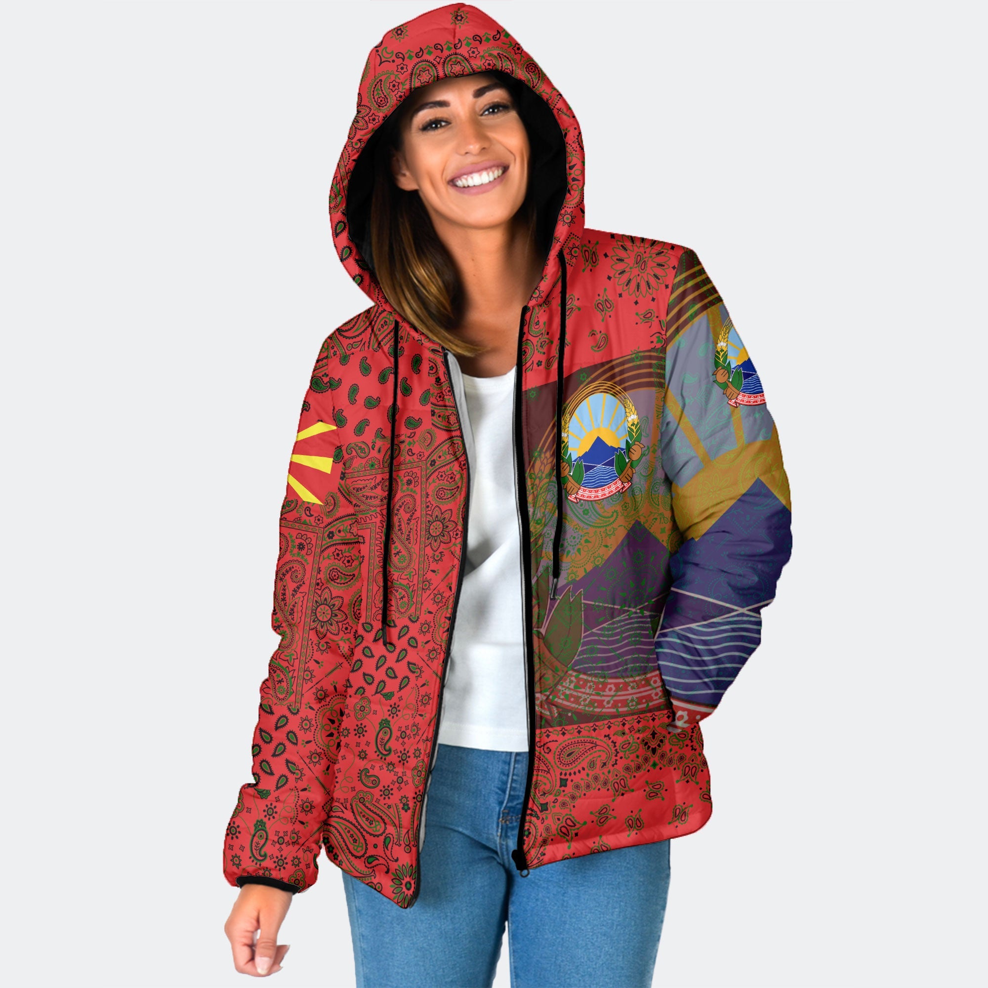 North Macedonia Women Hooded Padded Jacket Paisley Flag And Skull Style 1