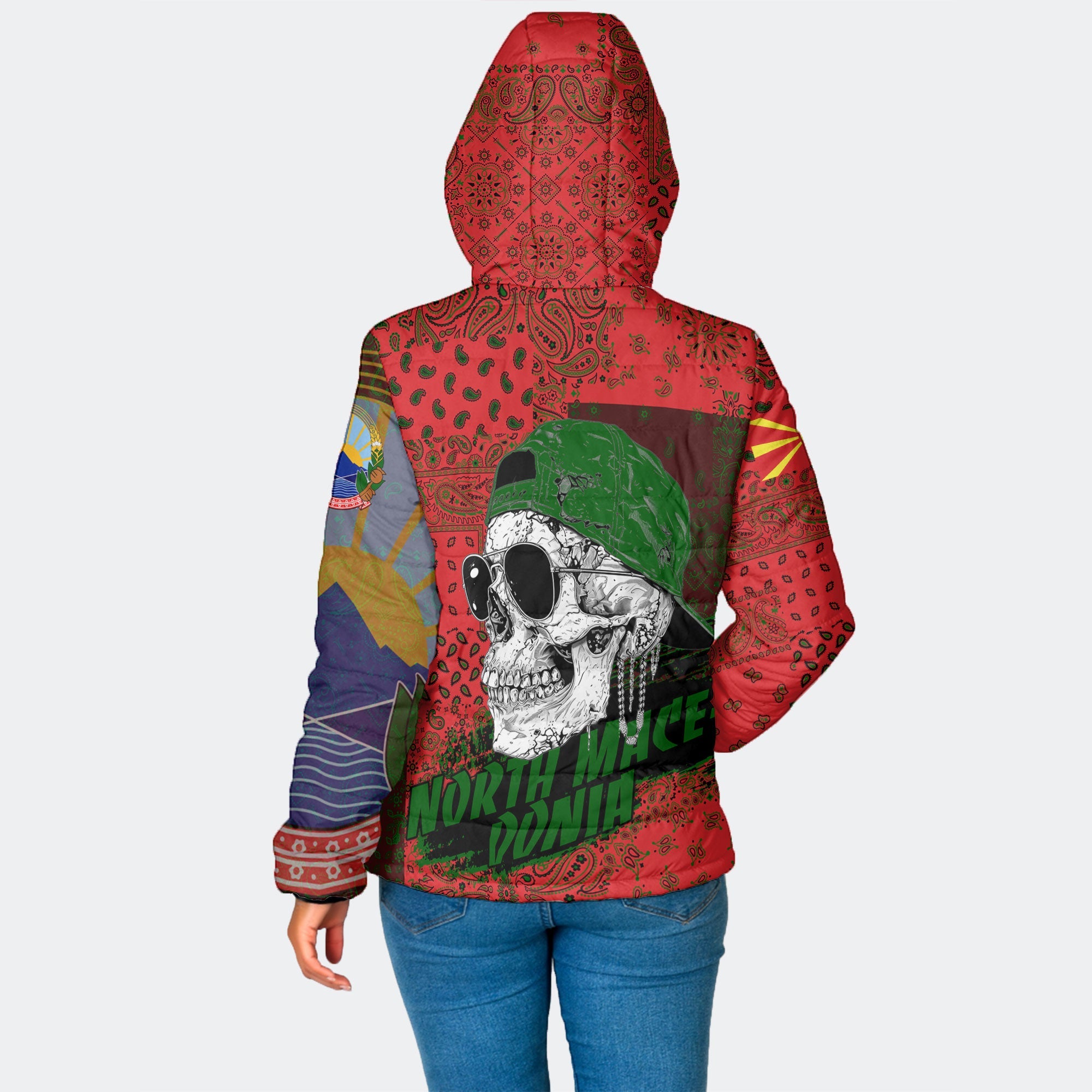 North Macedonia Women Hooded Padded Jacket Paisley Flag And Skull Style 2