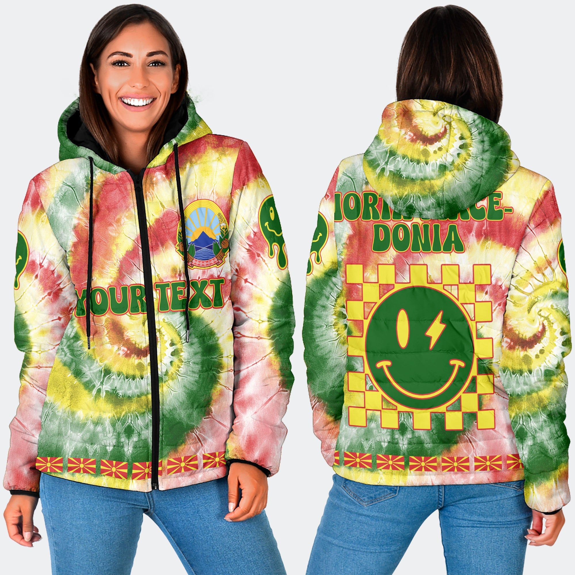 North Macedonia Women Hooded Padded Jacket Custom Tie Dye Style 3