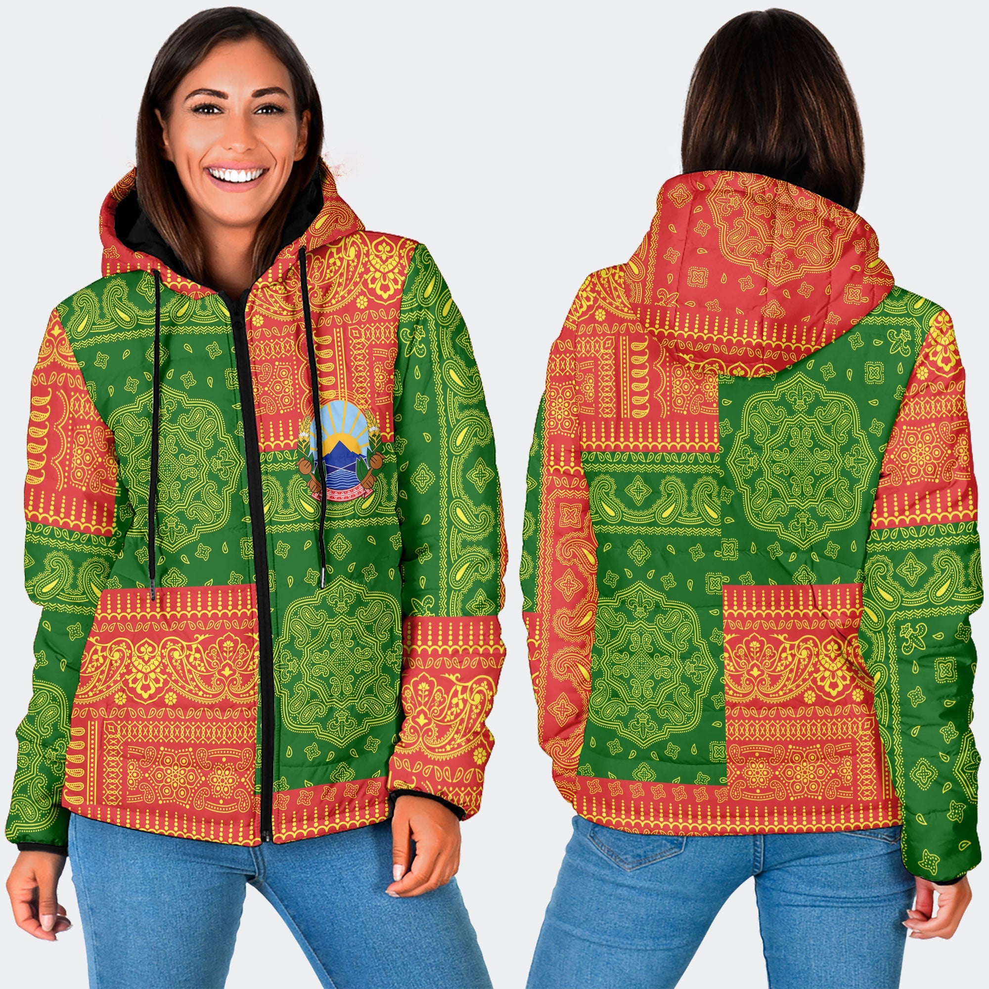 North Macedonia Women Hooded Padded Jacket Flag And Paisley Basic Style 3