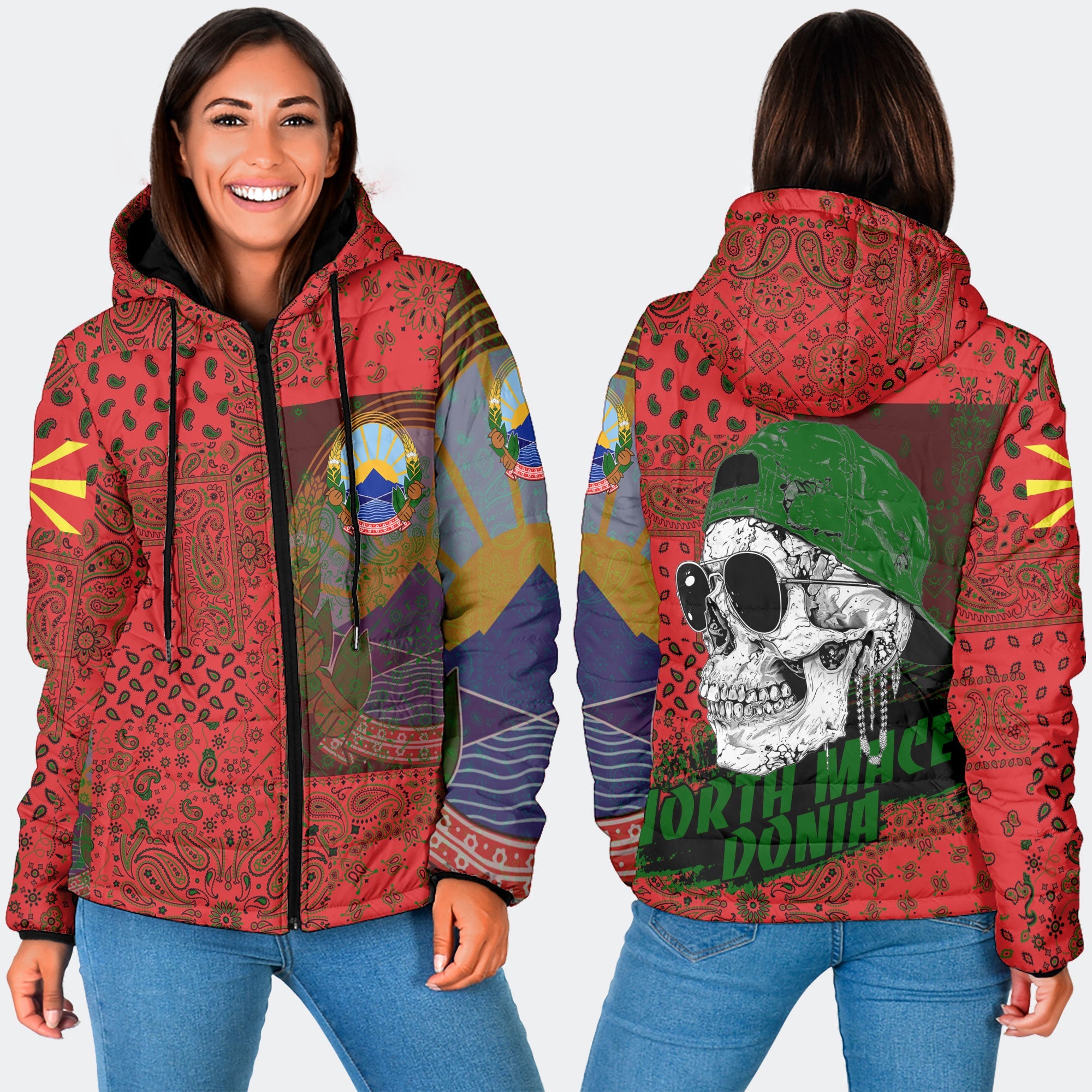 North Macedonia Women Hooded Padded Jacket Paisley Flag And Skull Style 3