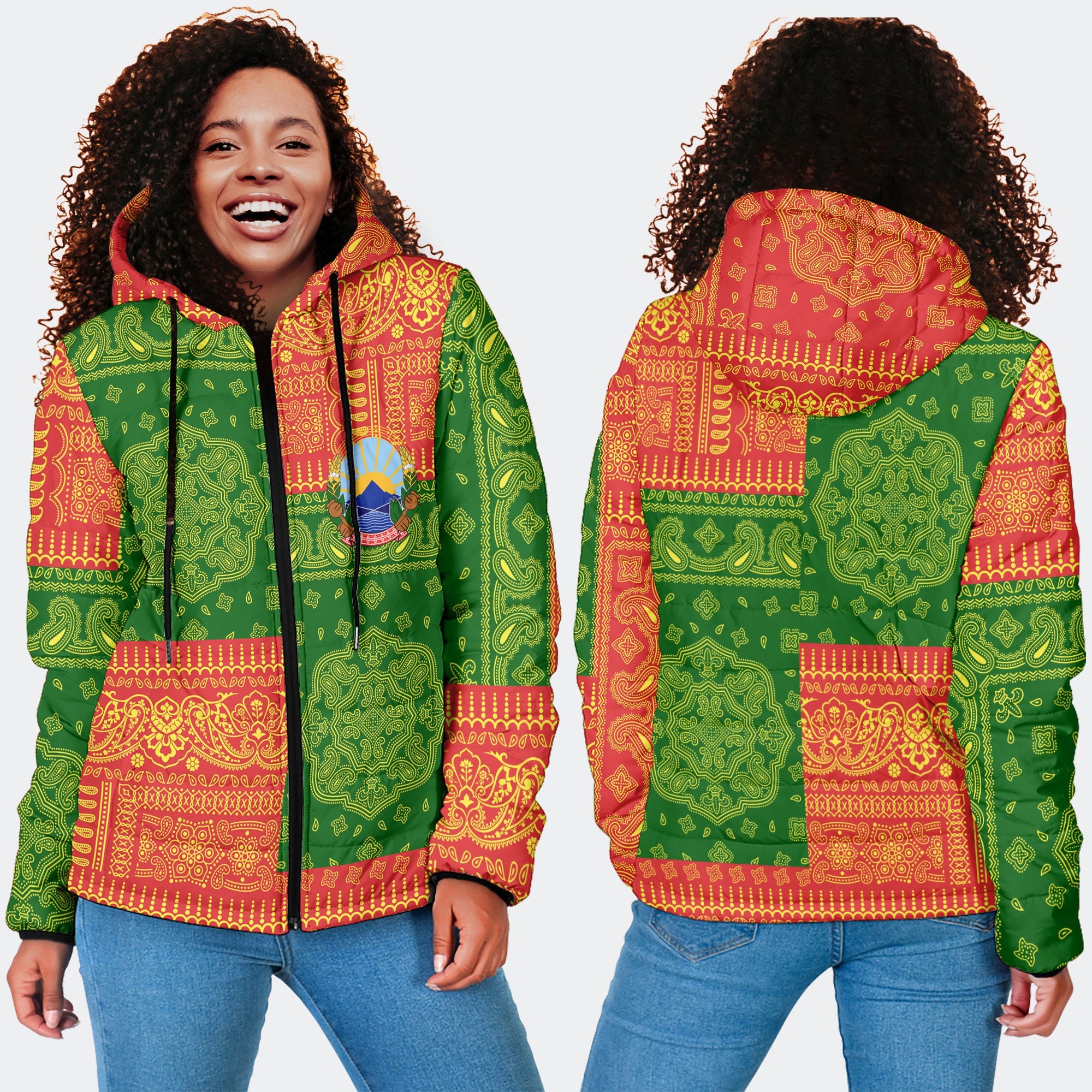 North Macedonia Women Hooded Padded Jacket Flag And Paisley Basic Style 4