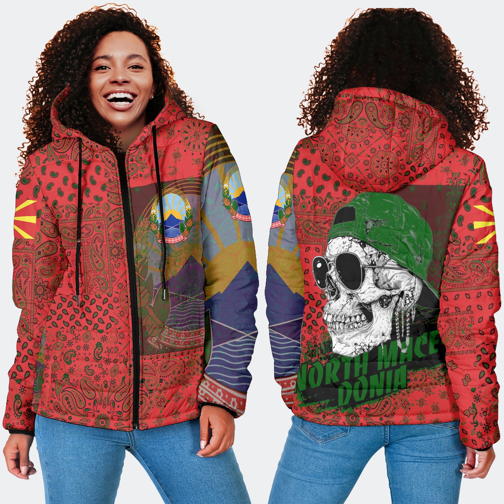 North Macedonia Women Hooded Padded Jacket Paisley Flag And Skull Style 4