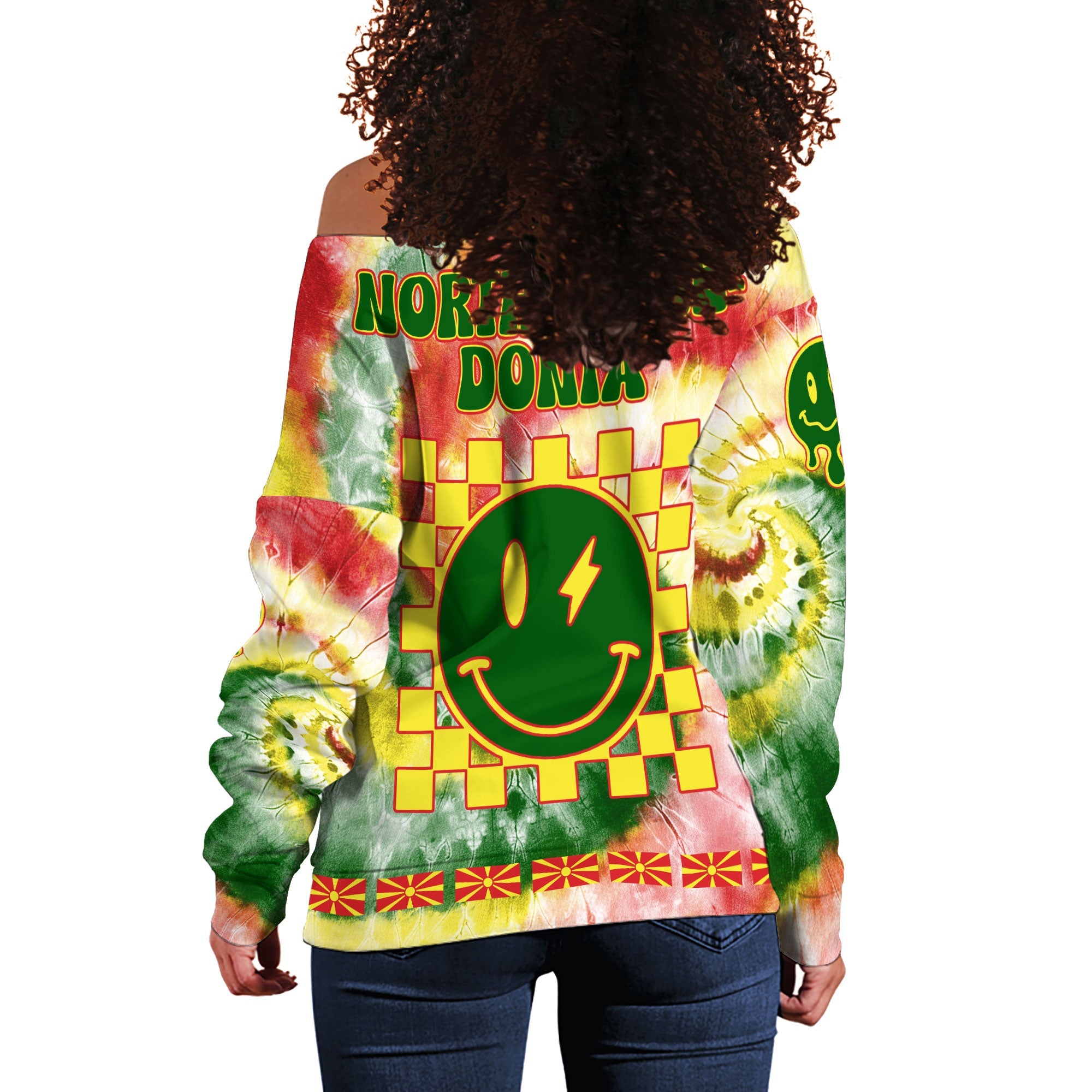 North Macedonia Women Off Shoulder Sweatshirt Custom Tie Dye Style 1