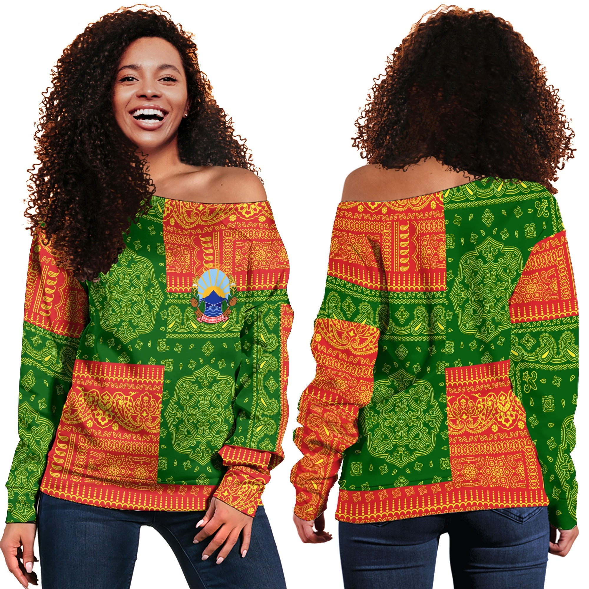 North Macedonia Women Off Shoulder Sweatshirt Flag And Paisley Basic Style 1