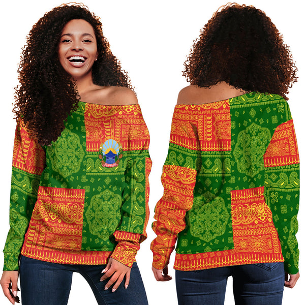 North Macedonia Women Off Shoulder Sweatshirt Flag And Paisley Basic Style 1