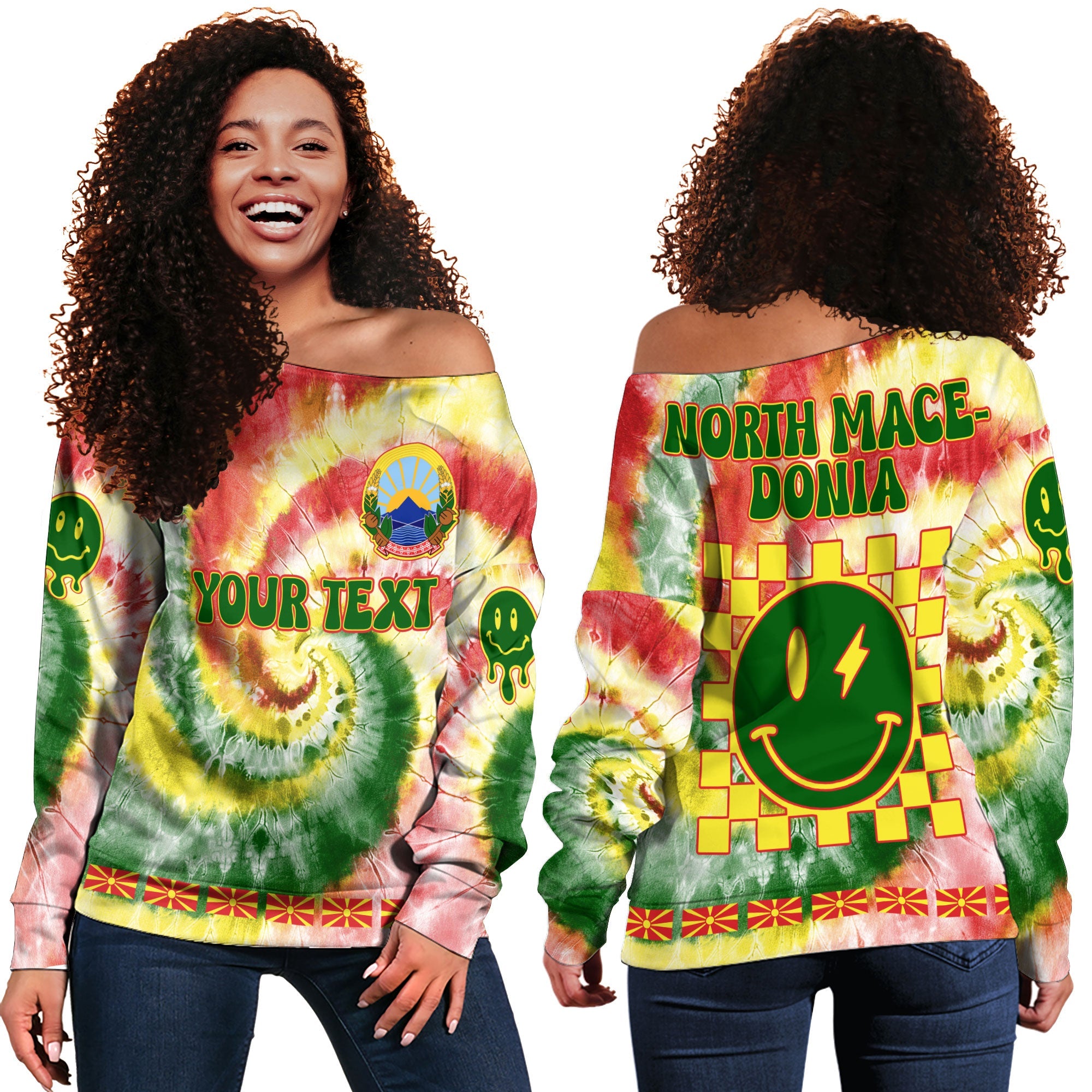 North Macedonia Women Off Shoulder Sweatshirt Custom Tie Dye Style 2