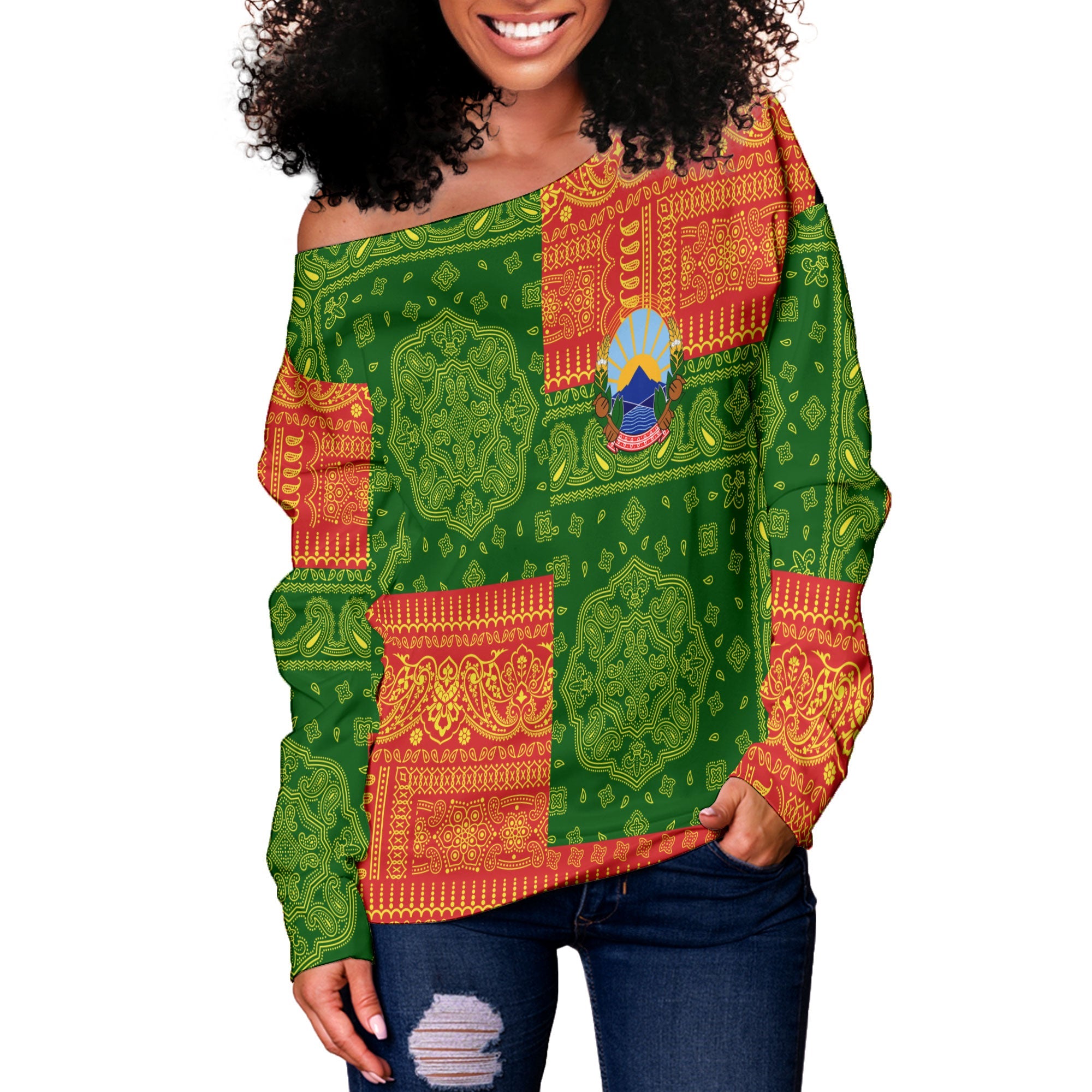 North Macedonia Women Off Shoulder Sweatshirt Flag And Paisley Basic Style 2