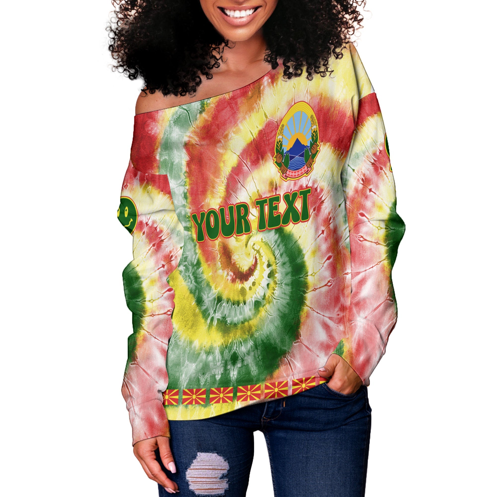 North Macedonia Women Off Shoulder Sweatshirt Custom Tie Dye Style 3