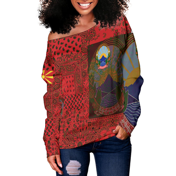 North Macedonia Women Off Shoulder Sweatshirt Paisley Flag And Skull Style 2