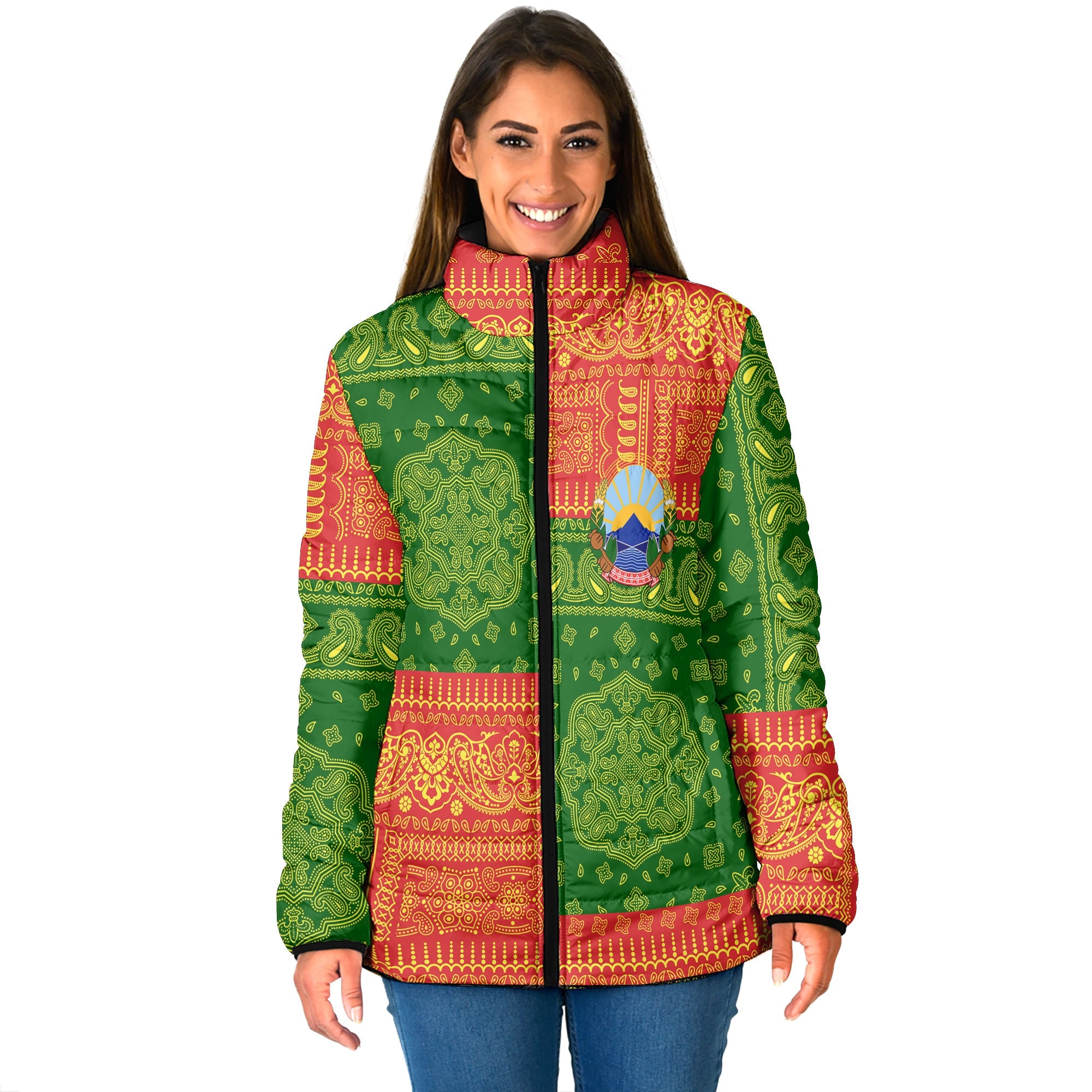 North Macedonia Women Padded Jacket Flag And Paisley Basic Style 1