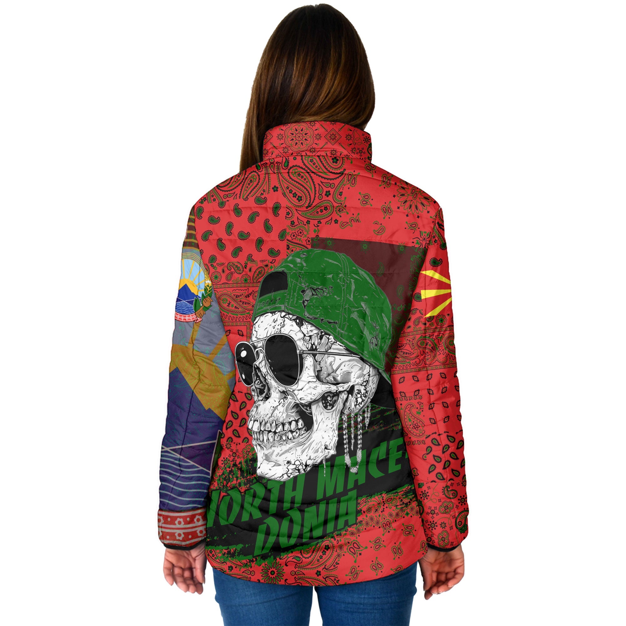 North Macedonia Women Padded Jacket Paisley Flag And Skull Style 2