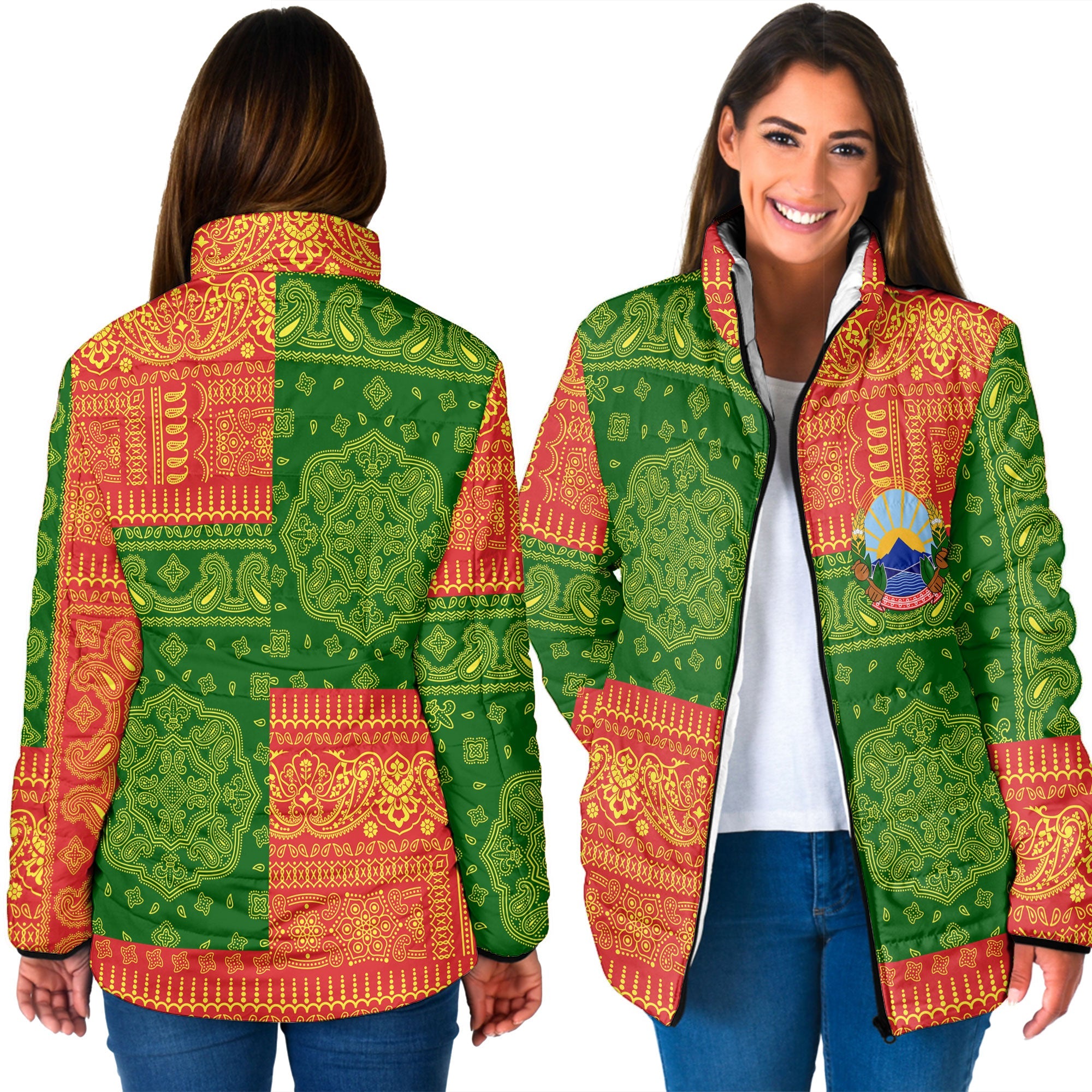 North Macedonia Women Padded Jacket Flag And Paisley Basic Style 3