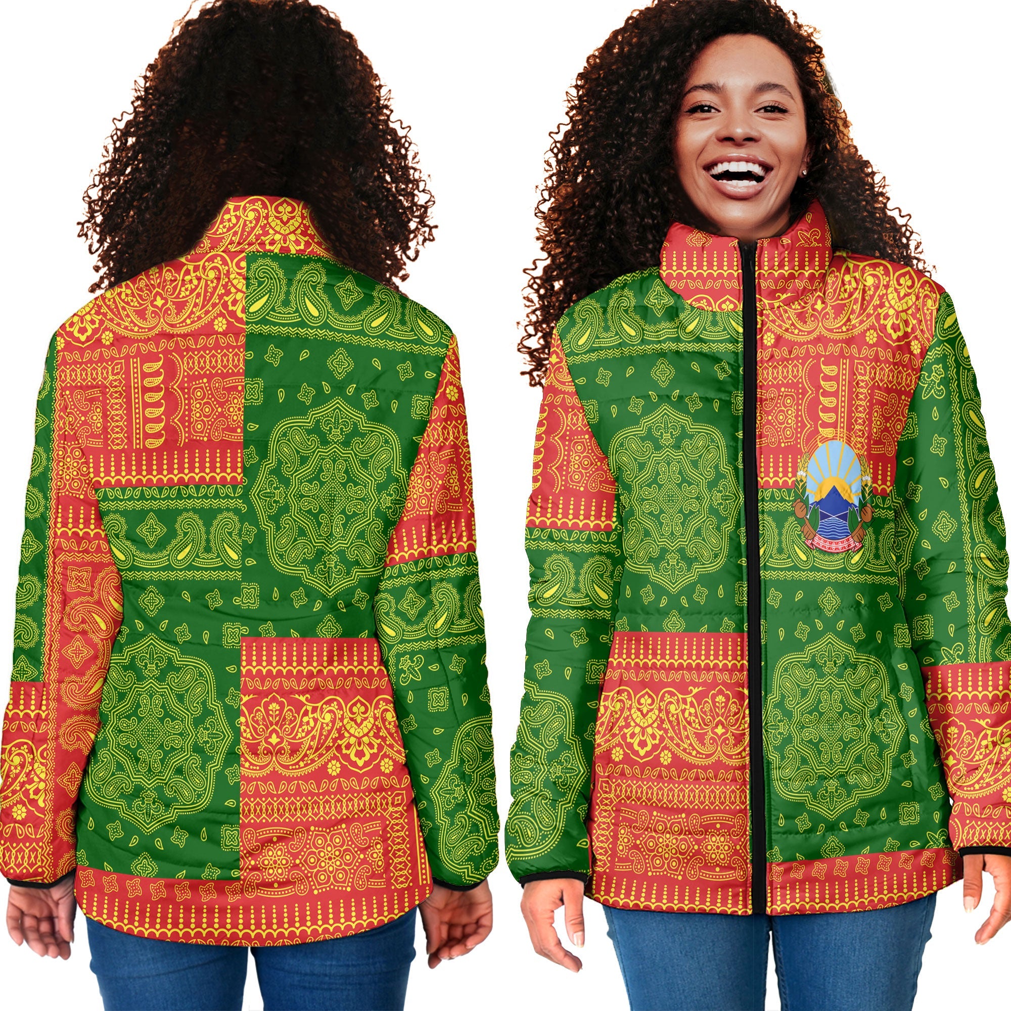 North Macedonia Women Padded Jacket Flag And Paisley Basic Style 4