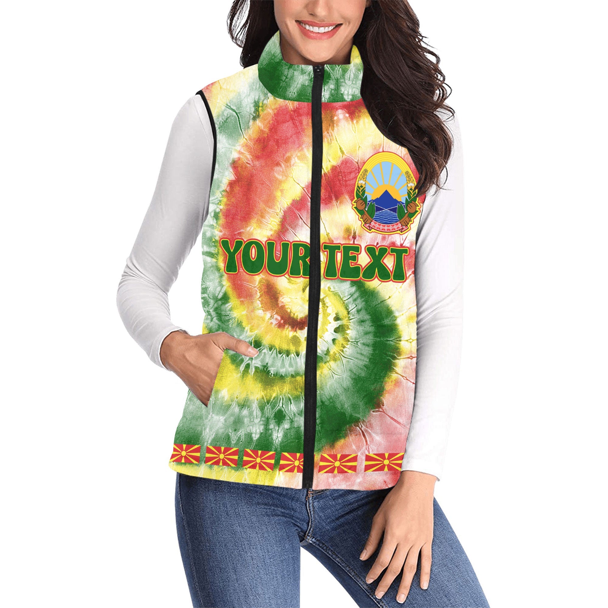 North Macedonia Women Padded Jacket Vest Custom Tie Dye Style 1