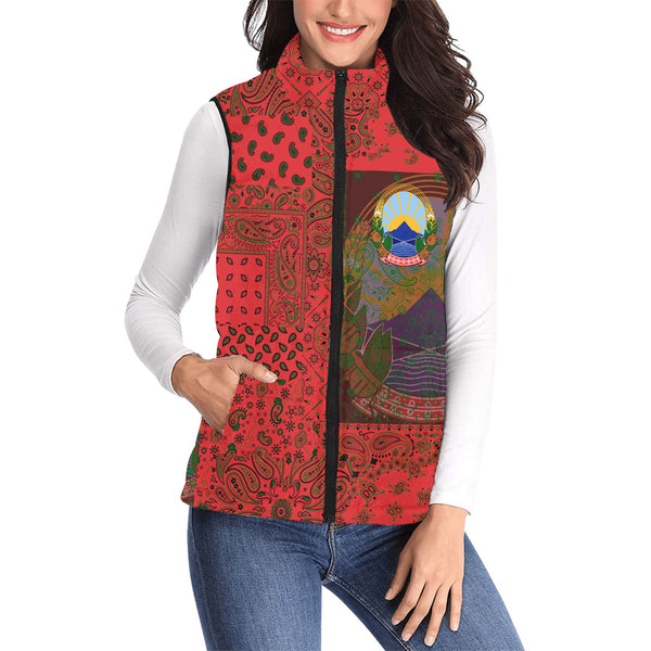 North Macedonia Women Padded Jacket Vest Paisley Flag And Skull Style 1