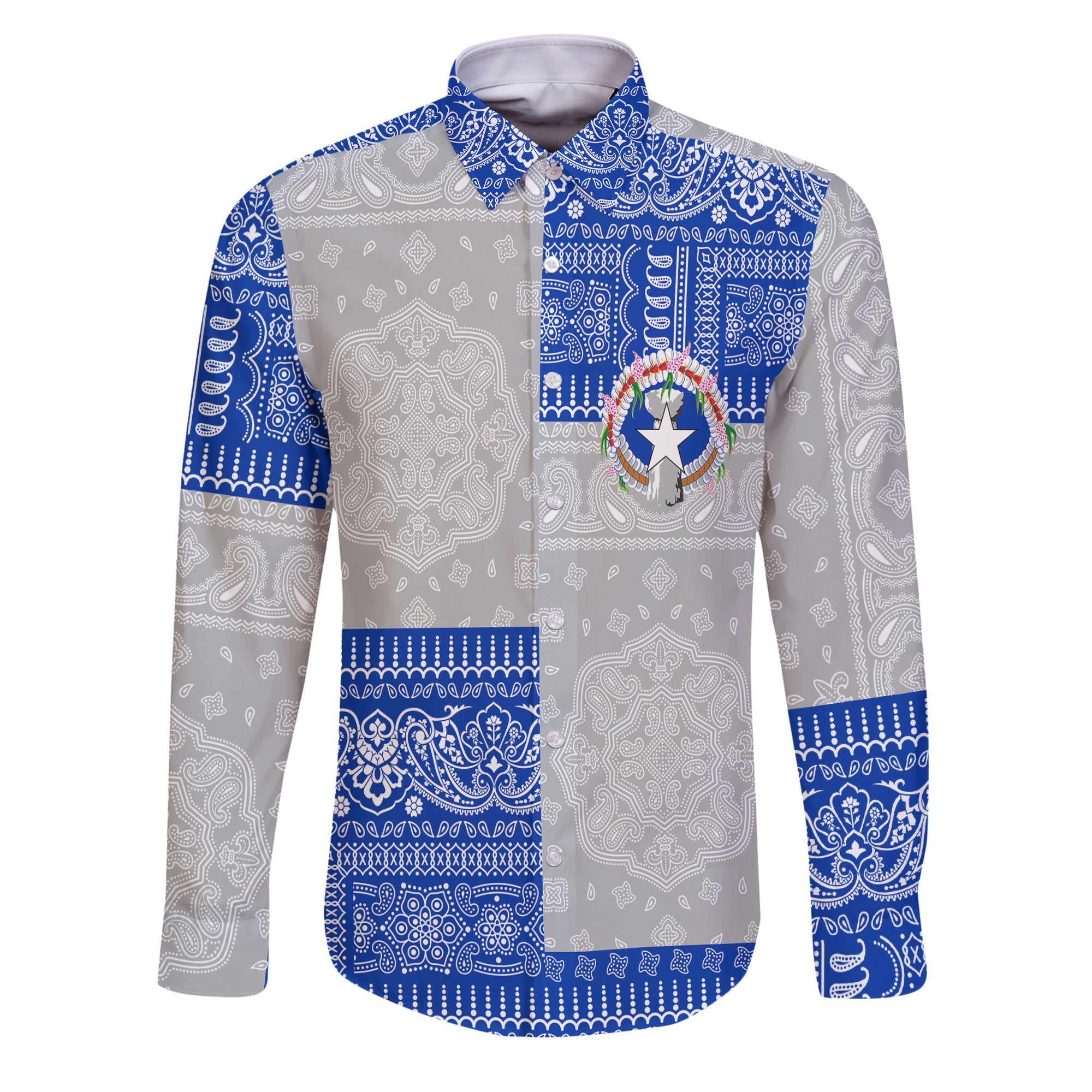 Northern Mariana Islands Long Sleeve Button Shirt Flag And Paisley Basic Style 1