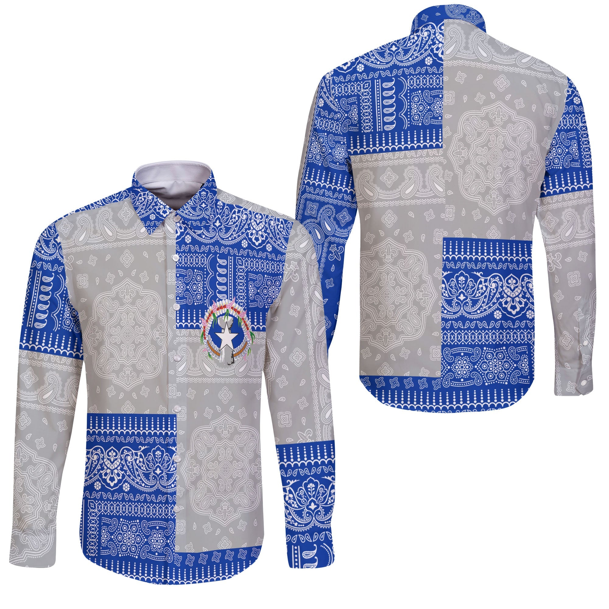 Northern Mariana Islands Long Sleeve Button Shirt Flag And Paisley Basic Style 3