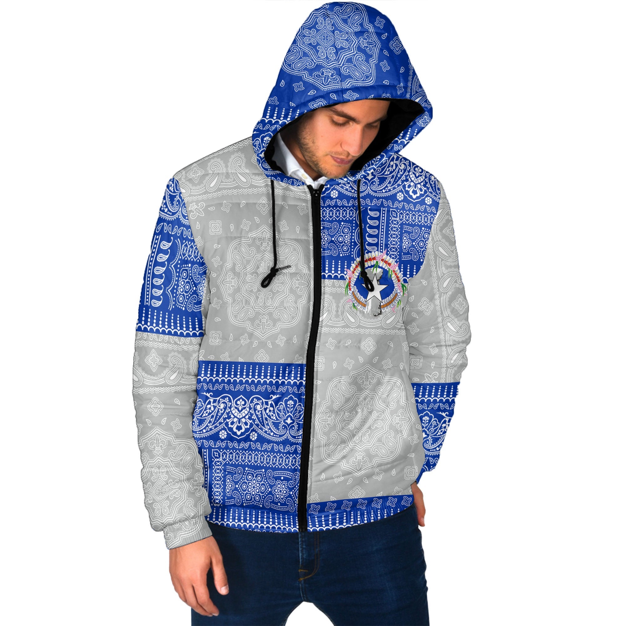 Northern Mariana Islands Men Hooded Padded Jacket Flag And Paisley Basic Style 2