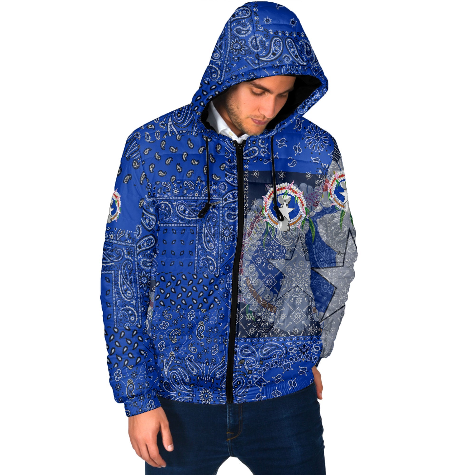 Northern Mariana Islands Men Hooded Padded Jacket Paisley Flag And Skull Style 2