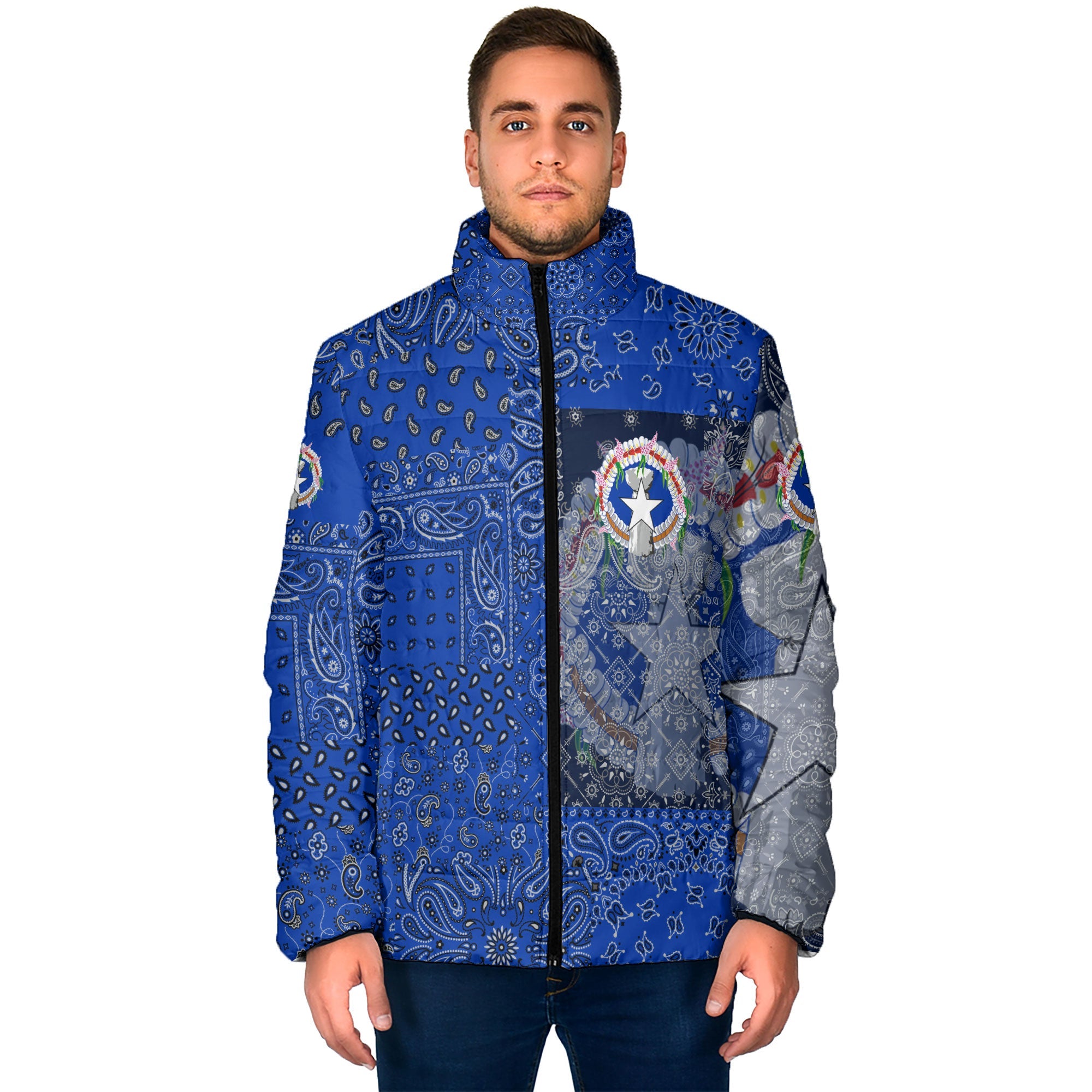 Northern Mariana Islands Men Padded Jacket Paisley Flag And Skull Style 1