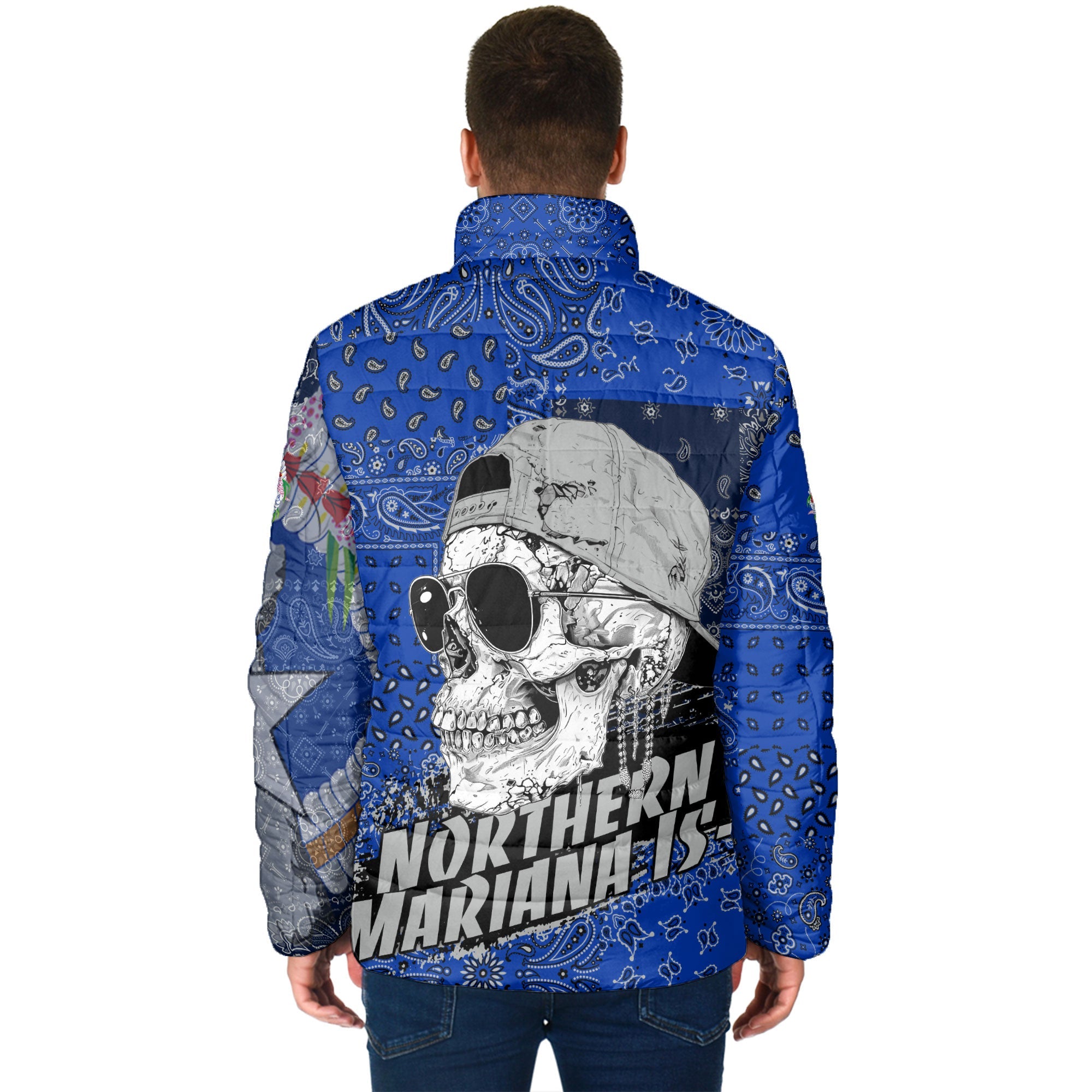 Northern Mariana Islands Men Padded Jacket Paisley Flag And Skull Style 2