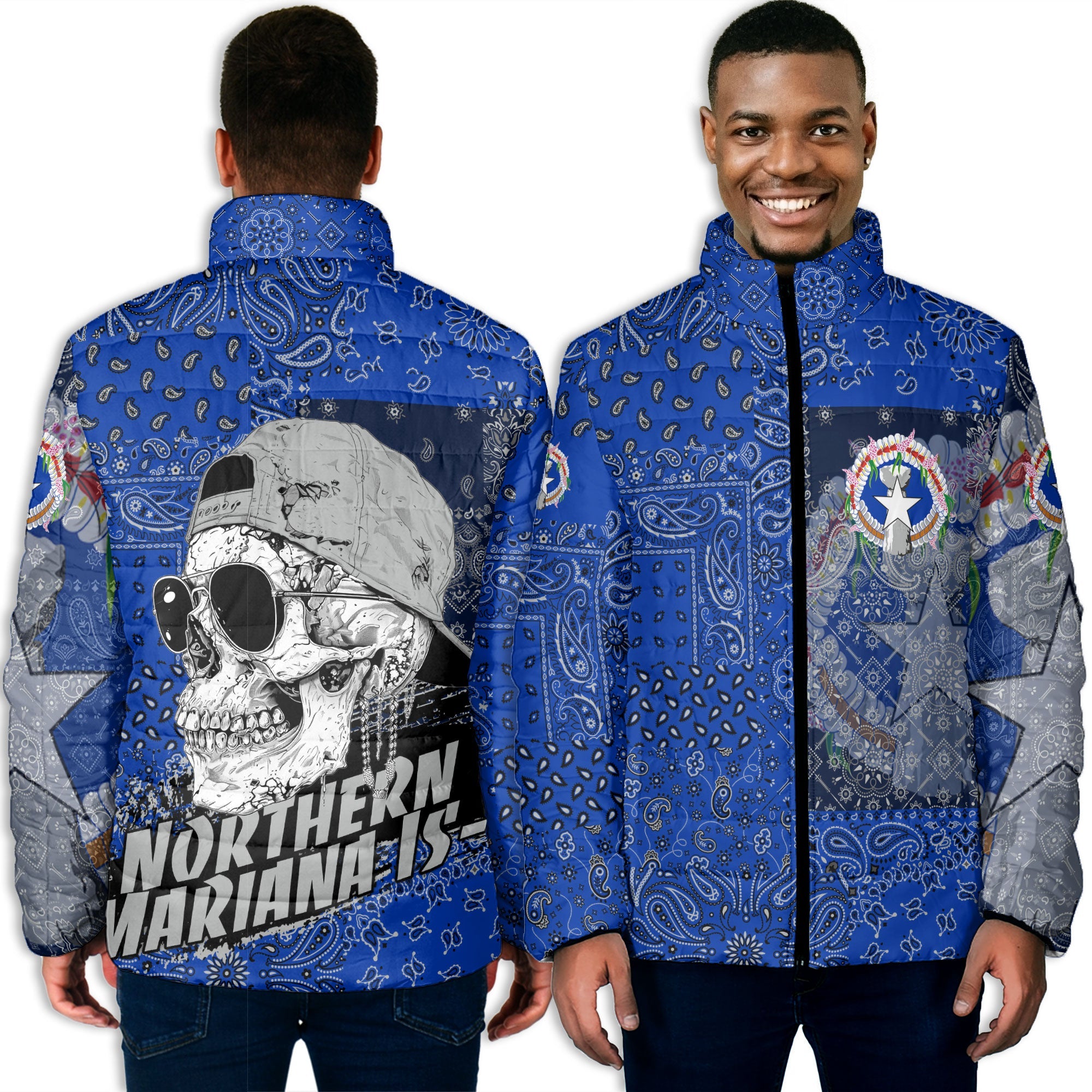 Northern Mariana Islands Men Padded Jacket Paisley Flag And Skull Style 3