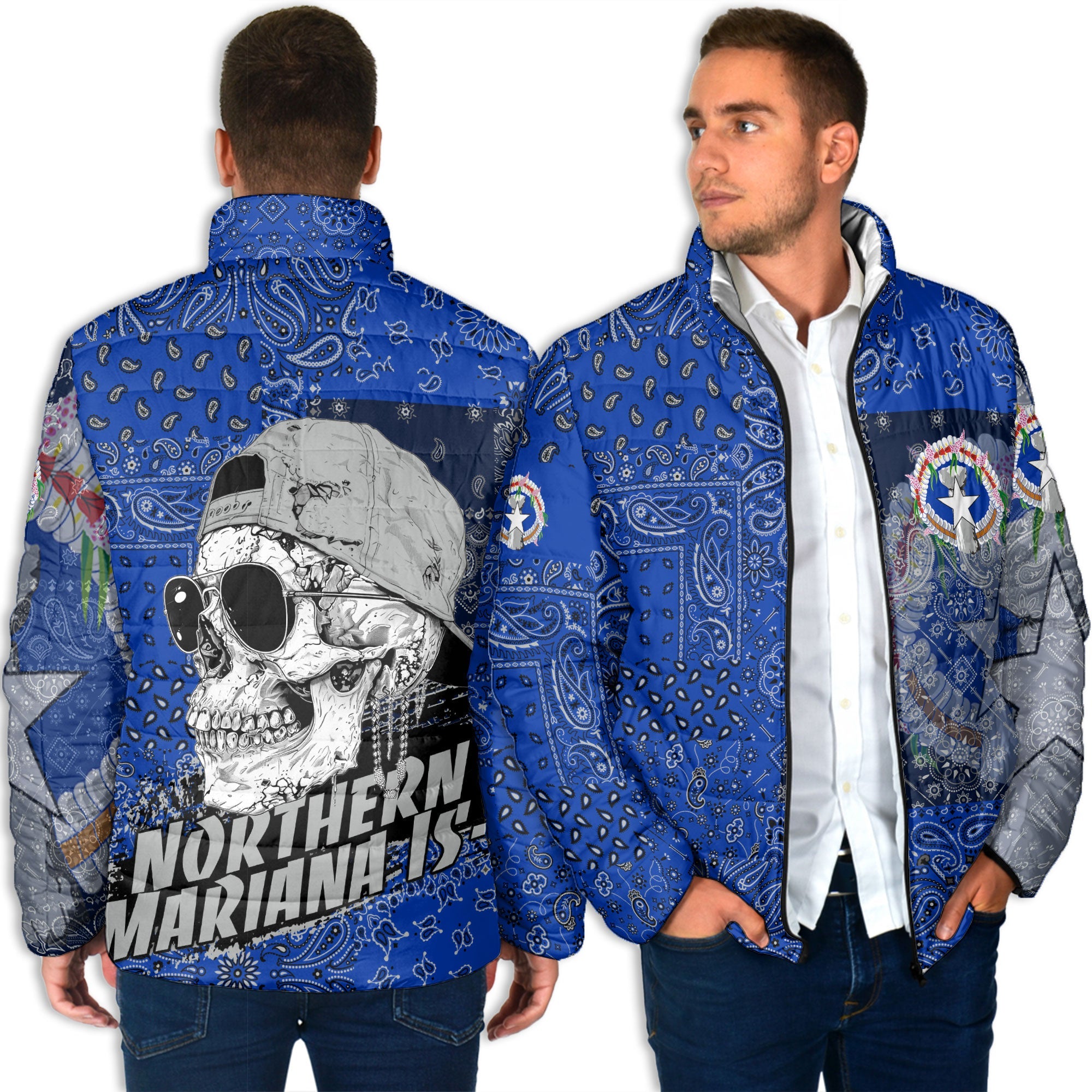 Northern Mariana Islands Men Padded Jacket Paisley Flag And Skull Style 4