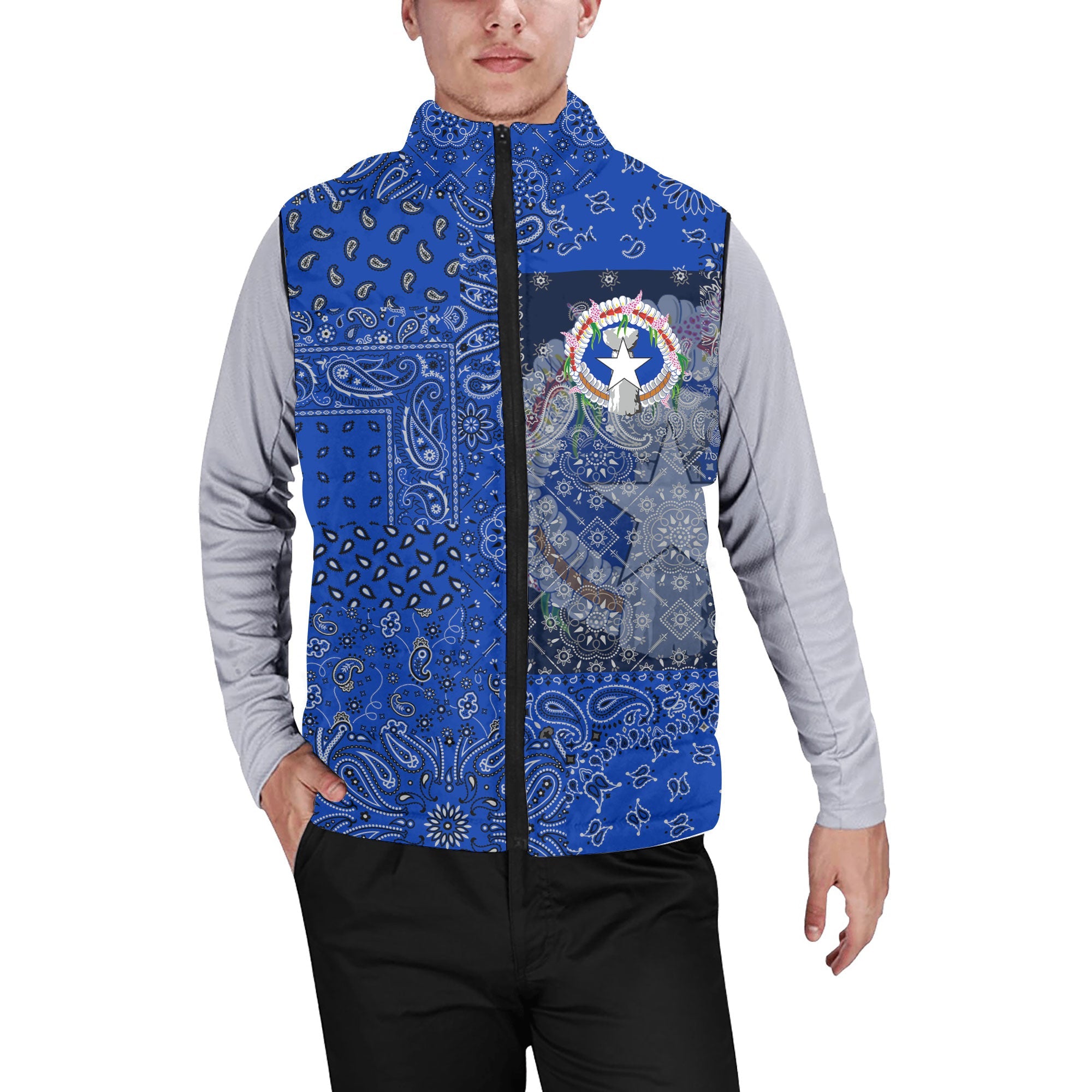 Northern Mariana Islands Men Padded Jacket Vest Paisley Flag And Skull Style 1