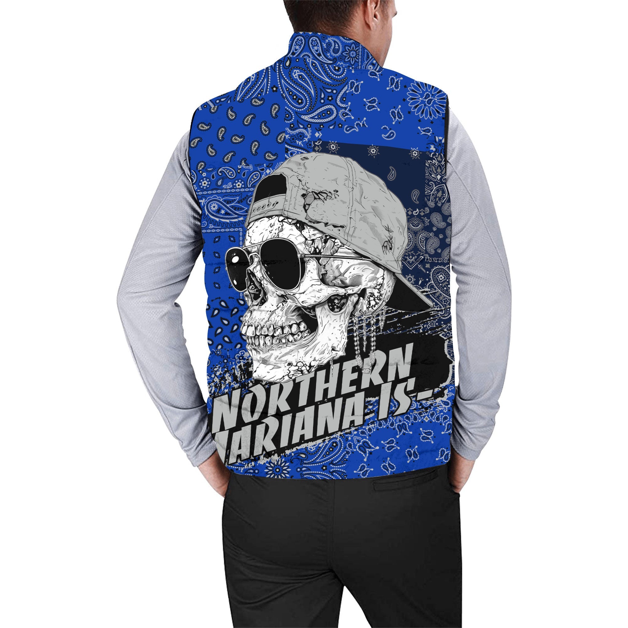 Northern Mariana Islands Men Padded Jacket Vest Paisley Flag And Skull Style 2