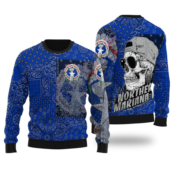 Northern Mariana Islands Ugly Sweater Paisley Flag And Skull Style 1