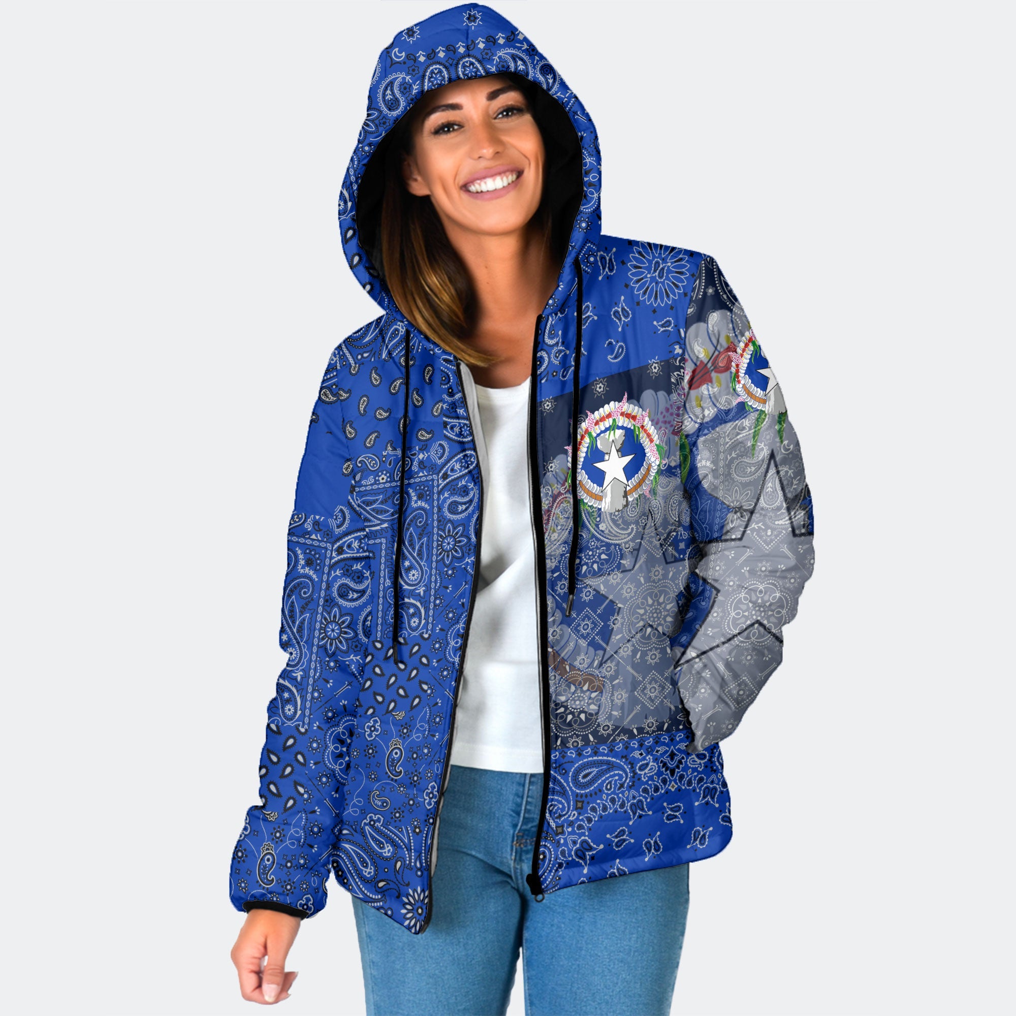 Northern Mariana Islands Women Hooded Padded Jacket Paisley Flag And Skull Style 1