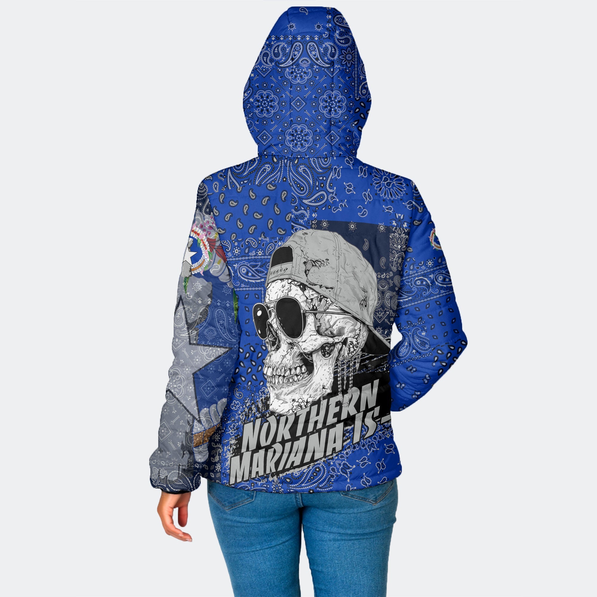 Northern Mariana Islands Women Hooded Padded Jacket Paisley Flag And Skull Style 2