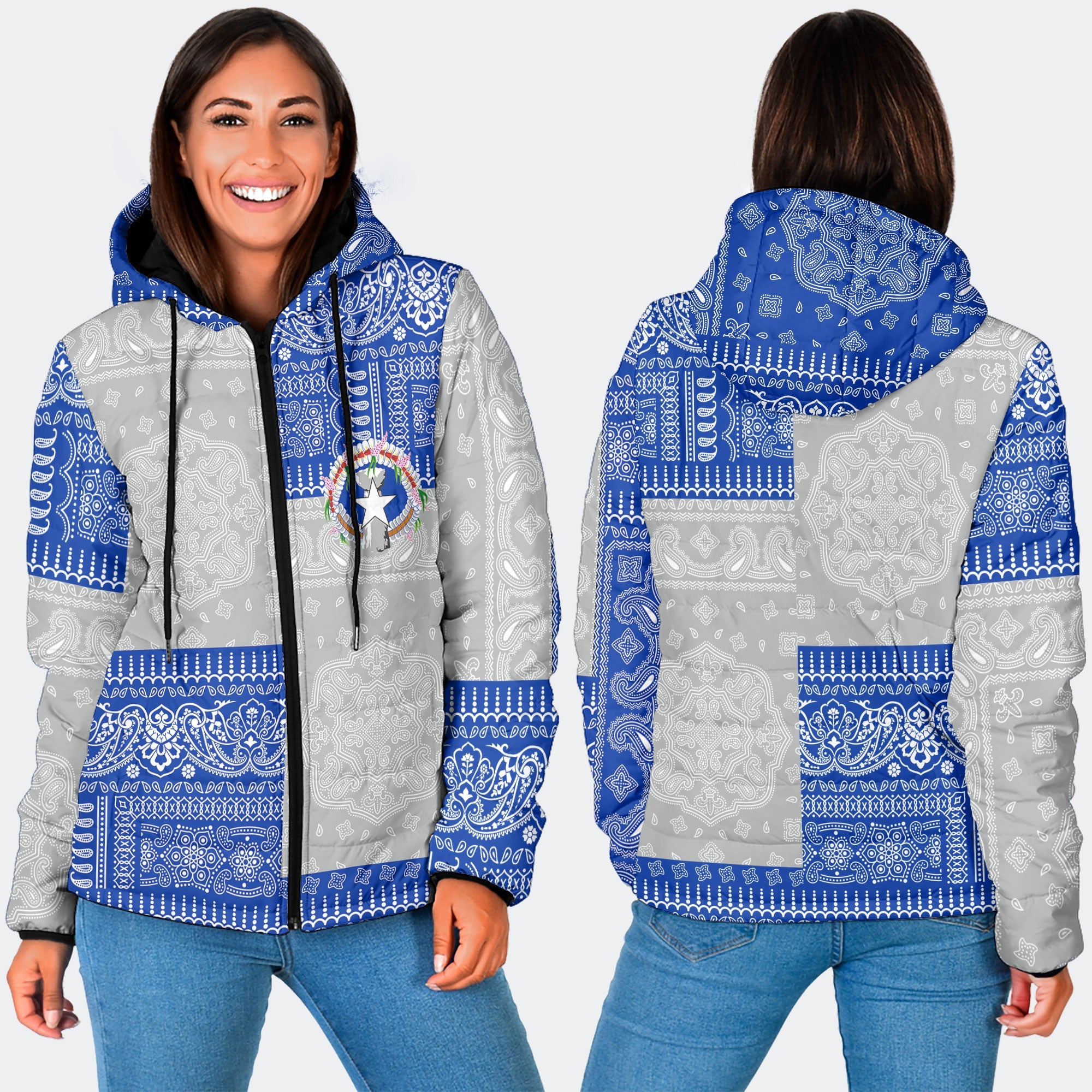 Northern Mariana Islands Women Hooded Padded Jacket Flag And Paisley Basic Style 3