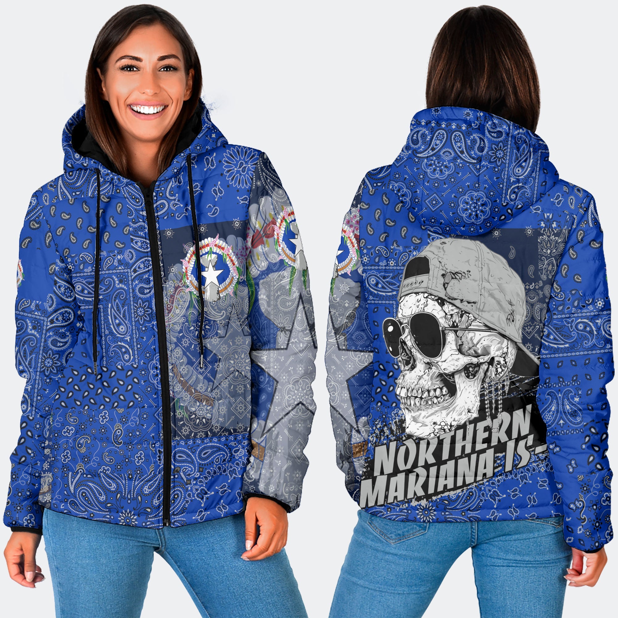 Northern Mariana Islands Women Hooded Padded Jacket Paisley Flag And Skull Style 3