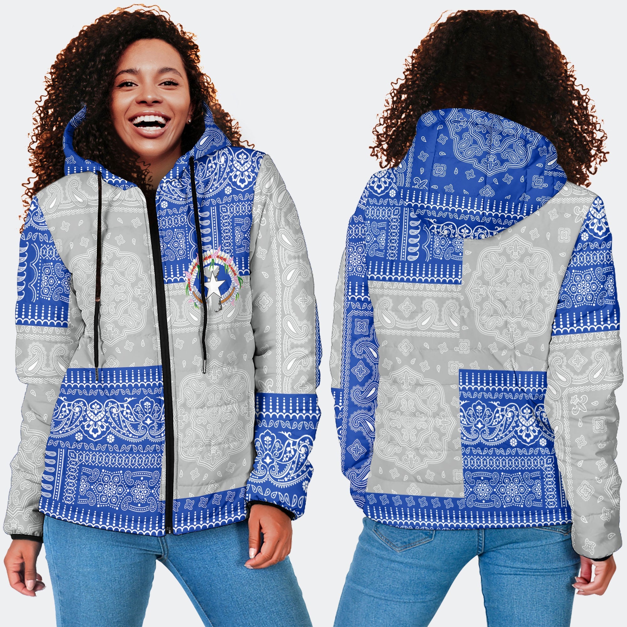 Northern Mariana Islands Women Hooded Padded Jacket Flag And Paisley Basic Style 4