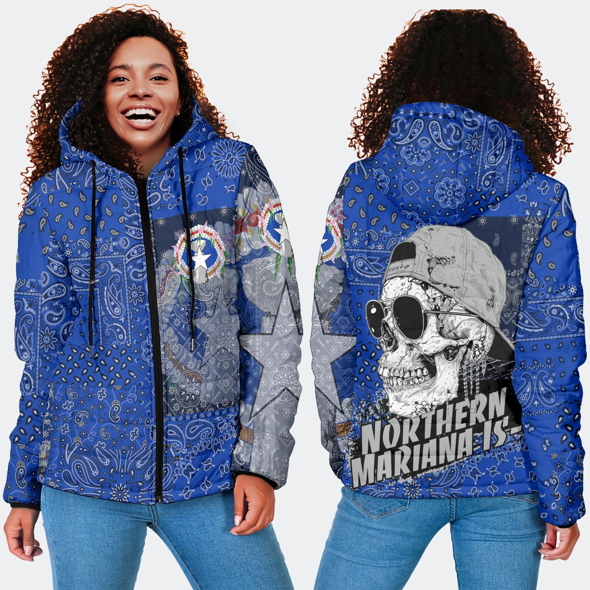 Northern Mariana Islands Women Hooded Padded Jacket Paisley Flag And Skull Style 4